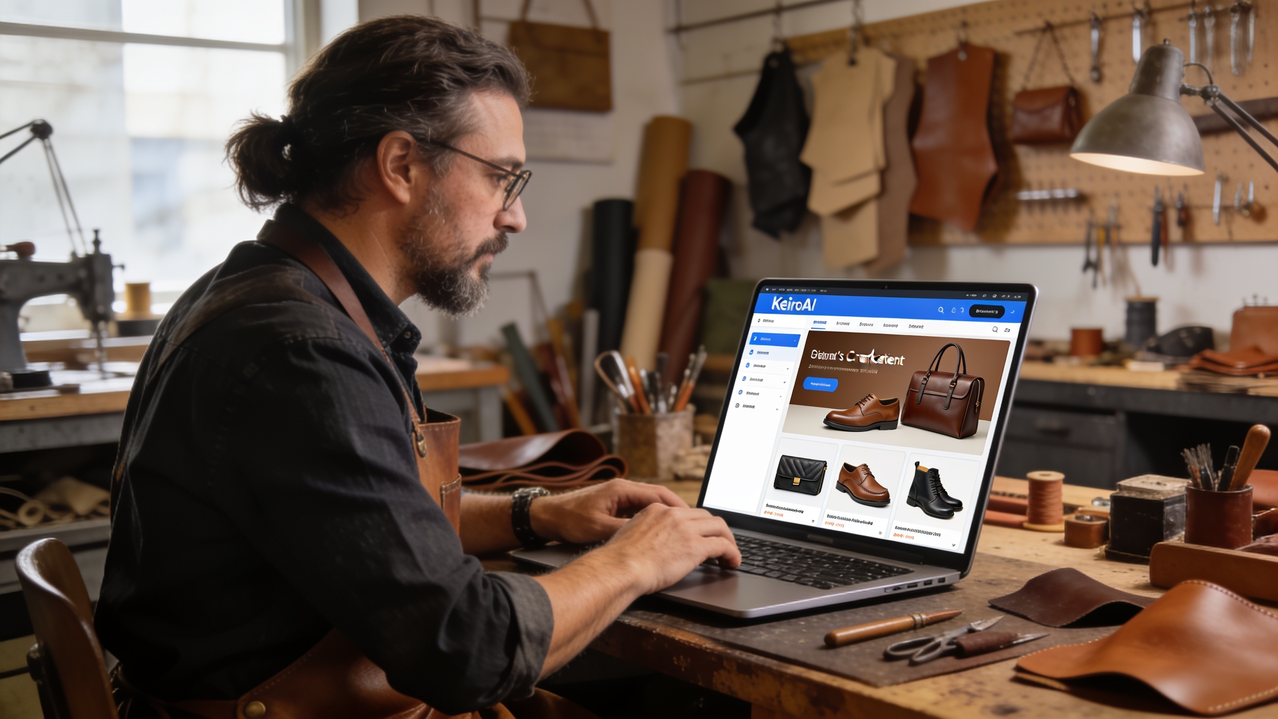 Un artisan maroquinier utilisant la plateforme KeiroAI sur un ordinateur portable, avec des visuels marketing de ses produits en cuir générés par IA affichés à l'écran. L'interface est intuitive, les couleurs sont douces. Style photo réaliste, ambiance de travail moderne et efficace.