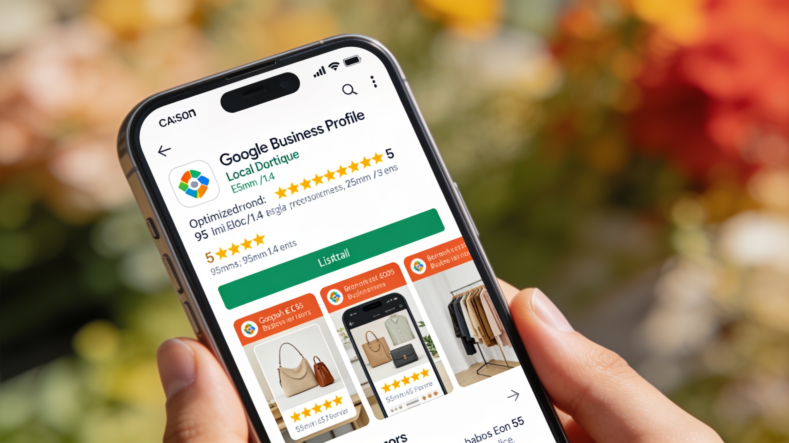 Gros plan sur un smartphone affichant une fiche Google Business Profile optimisée pour une boutique locale, avec de nombreux avis 5 étoiles, des photos de produits attrayantes et des informations claires, style photo réaliste, lumière du jour, bokeh doux.
