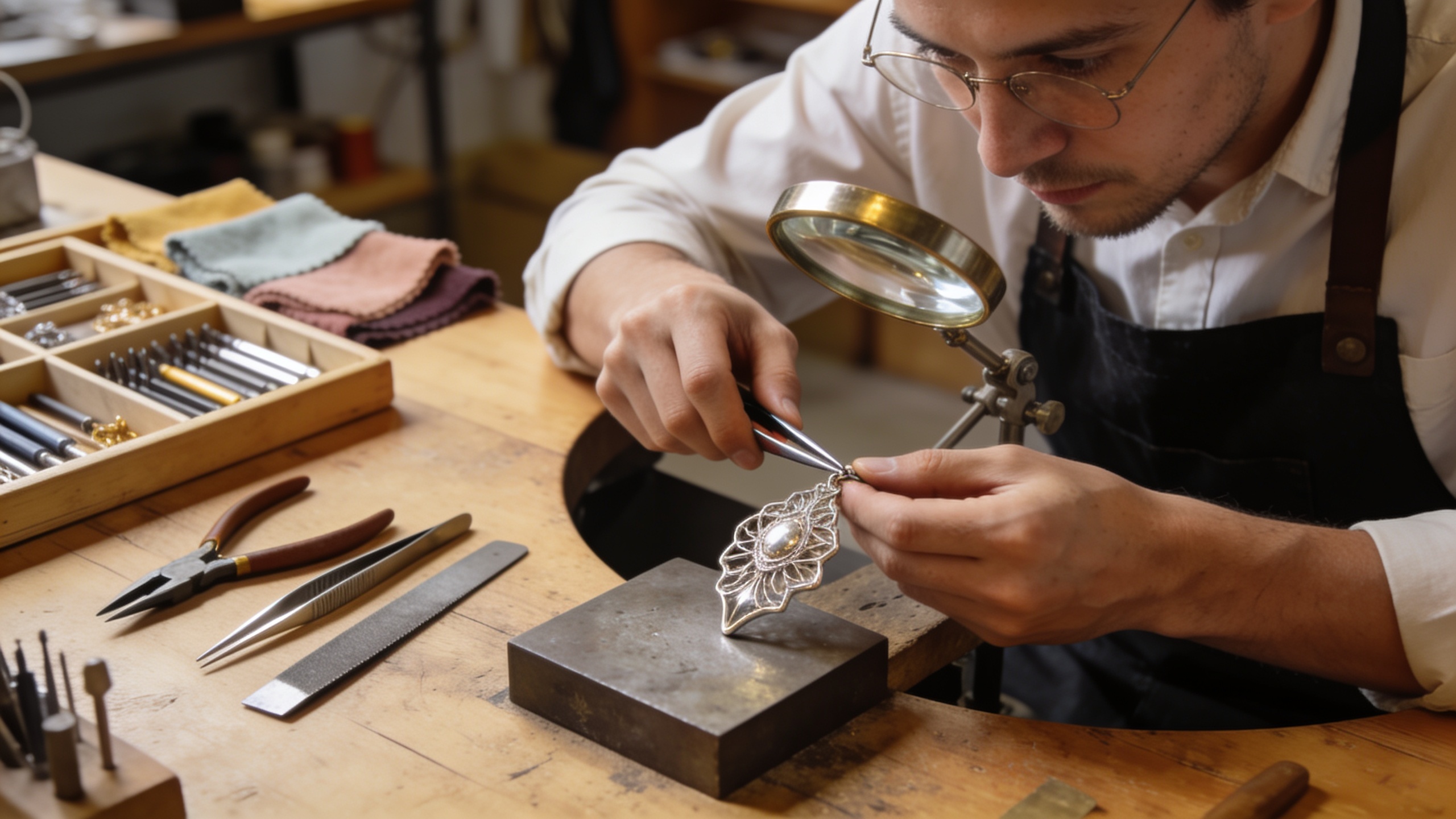 Artisan bijoutier travaillant sur une pièce unique dans son atelier, montrant son expertise et sa passion, avec des outils traditionnels et un éclairage chaud, style photo éditorial magazine, composition détaillée.