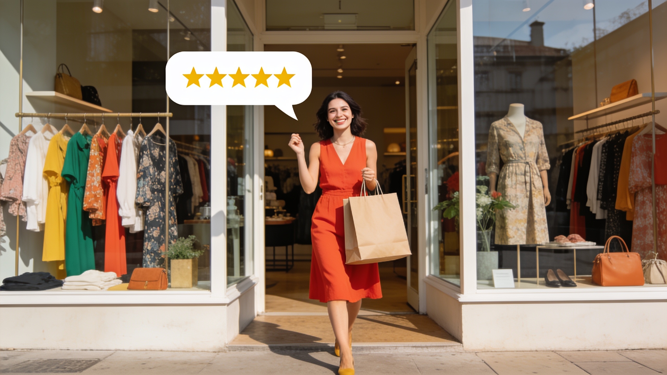 Client souriant et satisfait tenant un sac de course devant une boutique, avec une bulle de dialogue stylisée représentant un avis 5 étoiles, ambiance joyeuse et lumineuse, style illustration moderne.