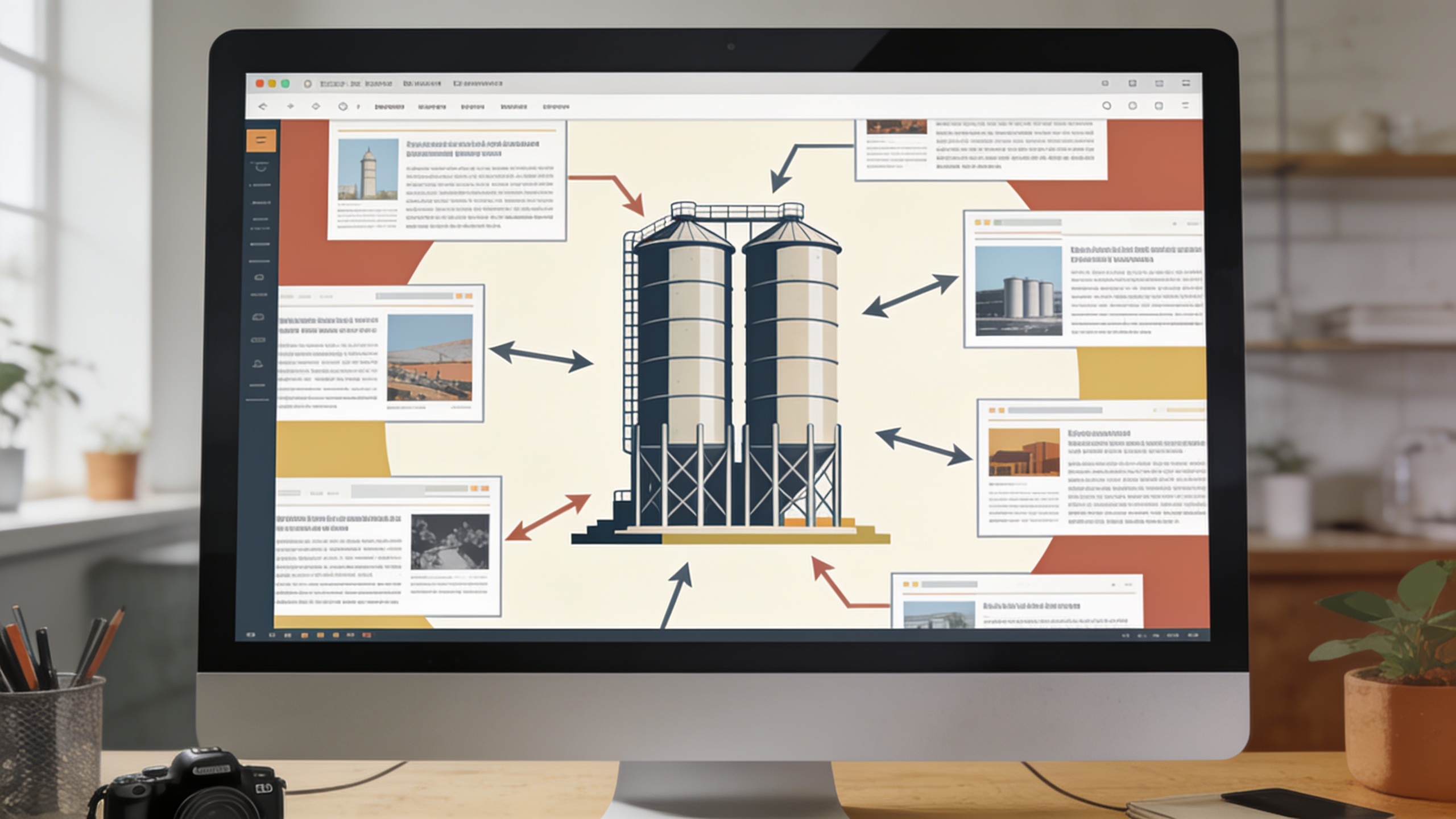Représentation visuelle d'une architecture de site web en silo, avec des pages piliers au centre et des articles détaillés rayonnant autour, interconnectés par des flèches, sur un écran d'ordinateur, style illustration technique, couleurs douces.