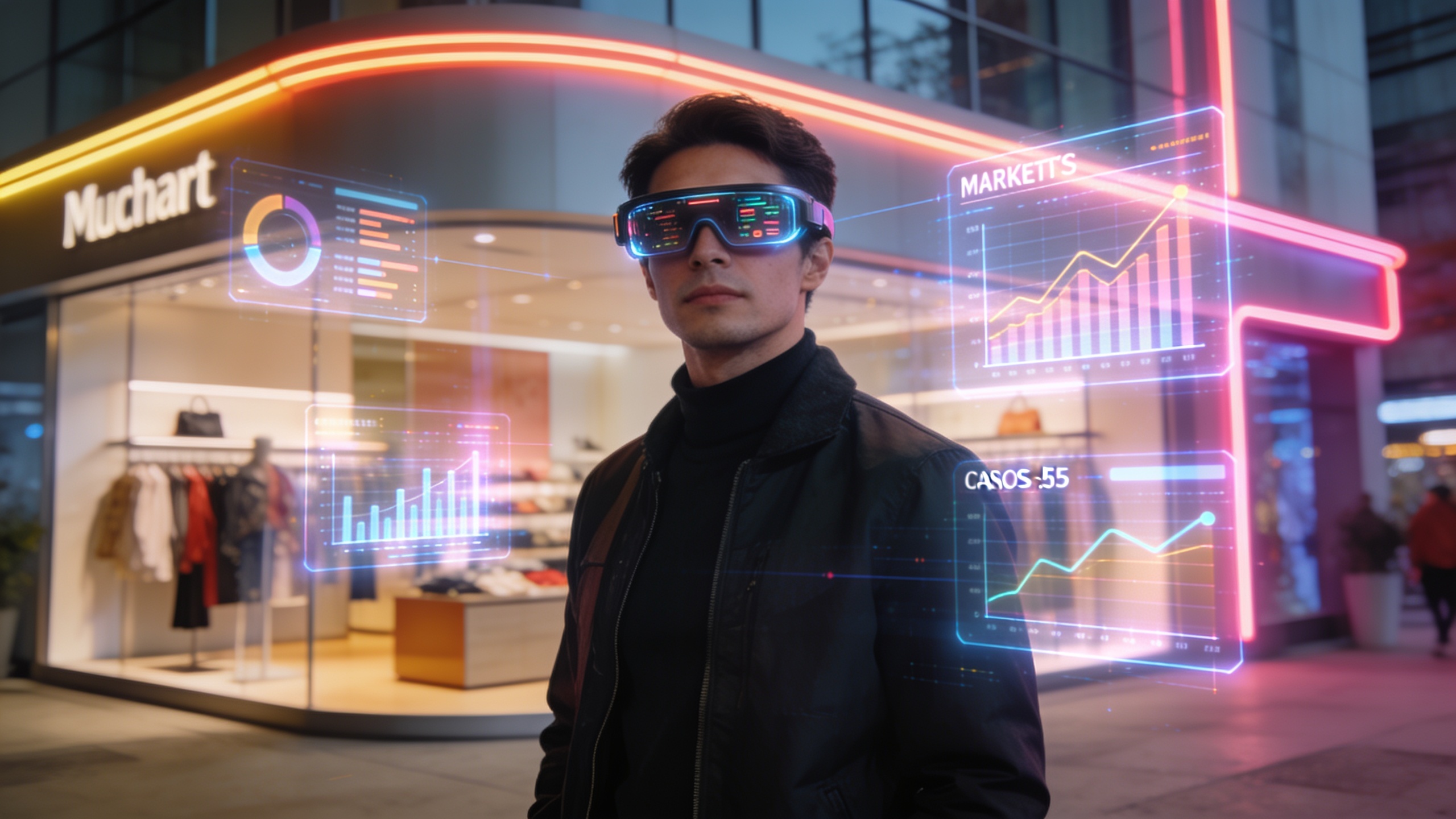 Vision futuriste d'un commerçant utilisant des lunettes connectées affichant des données marketing en réalité augmentée, devant une boutique moderne, avec des graphiques holographiques, style science-fiction réaliste, lumière néon.