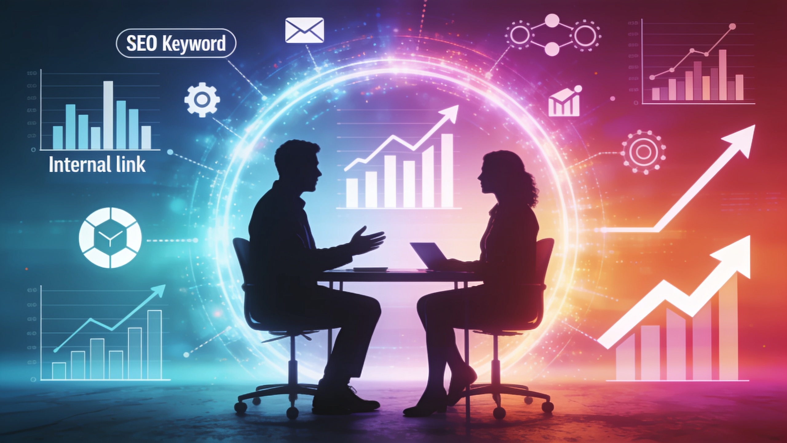 Un coach en pleine séance de brainstorming avec un client, entouré d'un halo lumineux de graphiques et d'icônes représentant des mots-clés SEO, des liens internes et des symboles de croissance, style illustration futuriste et inspirante