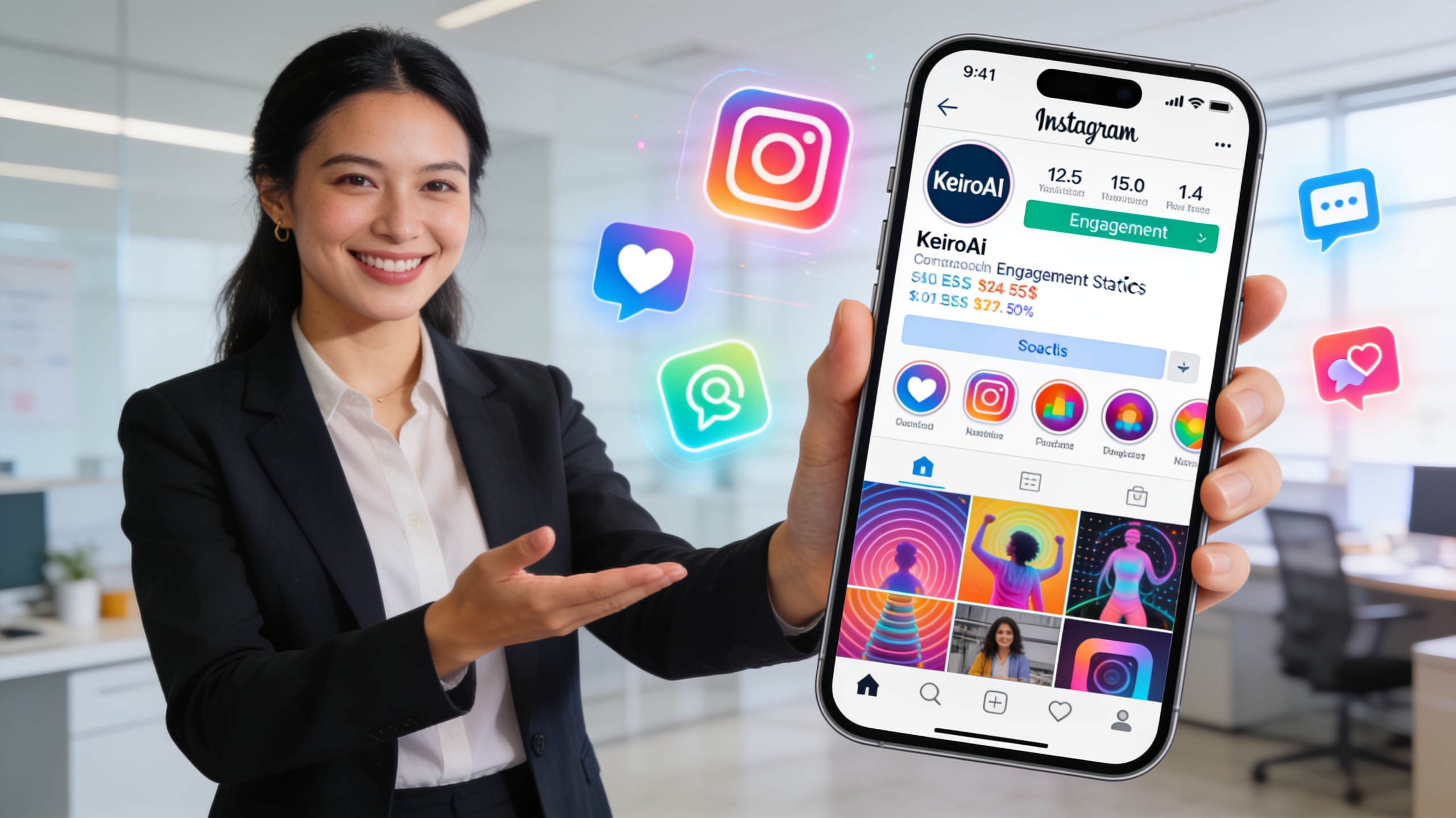 Une femme coach souriante présentant un écran de smartphone avec l'interface KeiroAI affichant des statistiques d'engagement Instagram et des visuels colorés générés par IA, avec des icônes de likes et de commentaires flottant autour, style photo réaliste, lumineuse et moderne