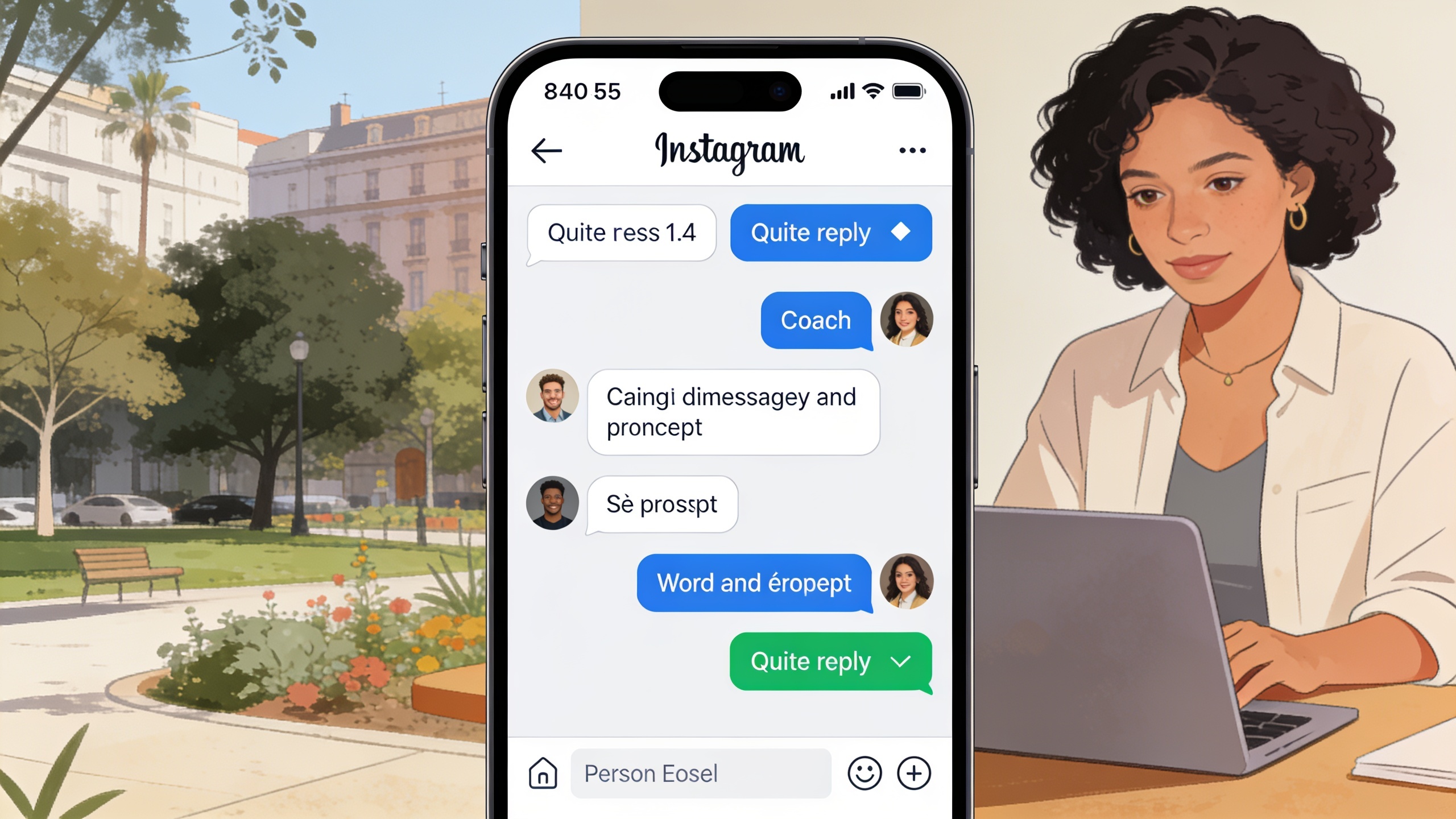 Une interface de chatbot Instagram affichant un échange de messages entre un coach et un prospect, avec des réponses rapides cliquables et des messages personnalisés, le tout dans un style épuré et moderne, illustrant l'automatisation intelligente
