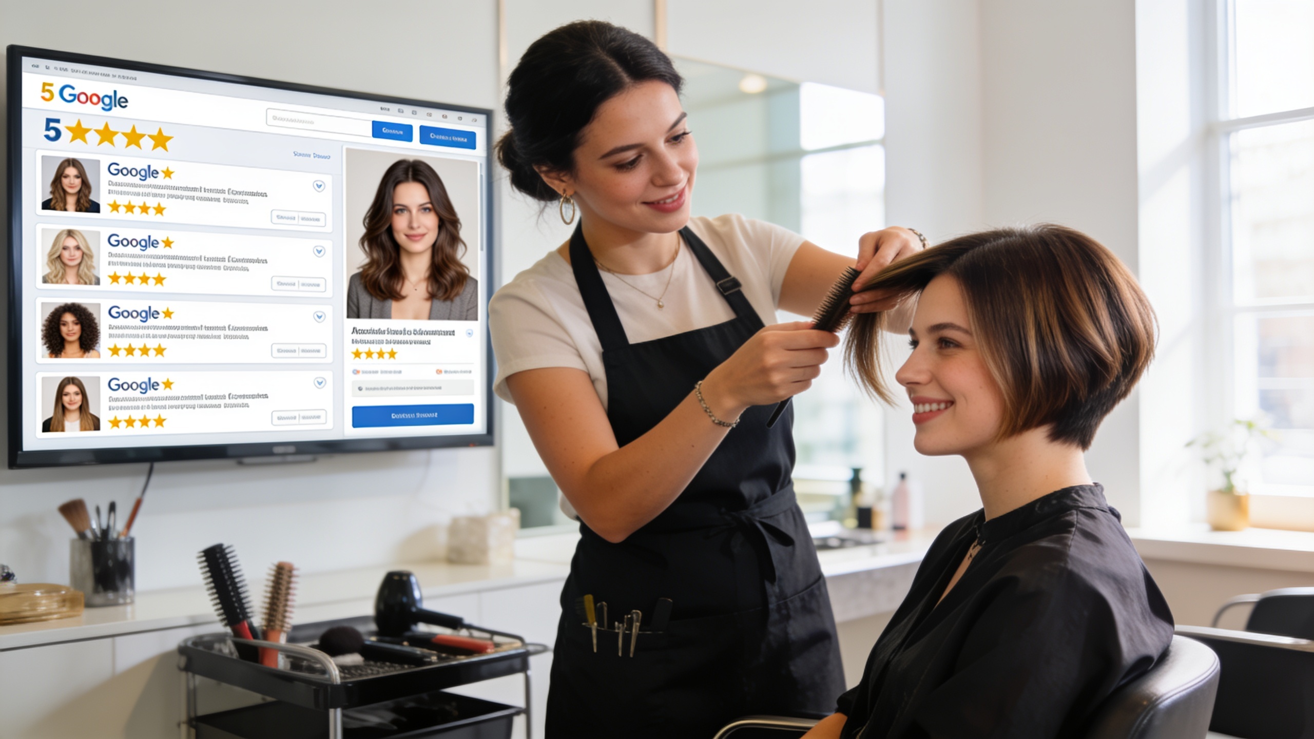 Coiffeuse montrant une coupe de cheveux tendance à une cliente satisfaite, le salon est lumineux et moderne, avec des écrans affichant des avis Google 5 étoiles et des photos de coiffures, style photo réaliste, lumière naturelle