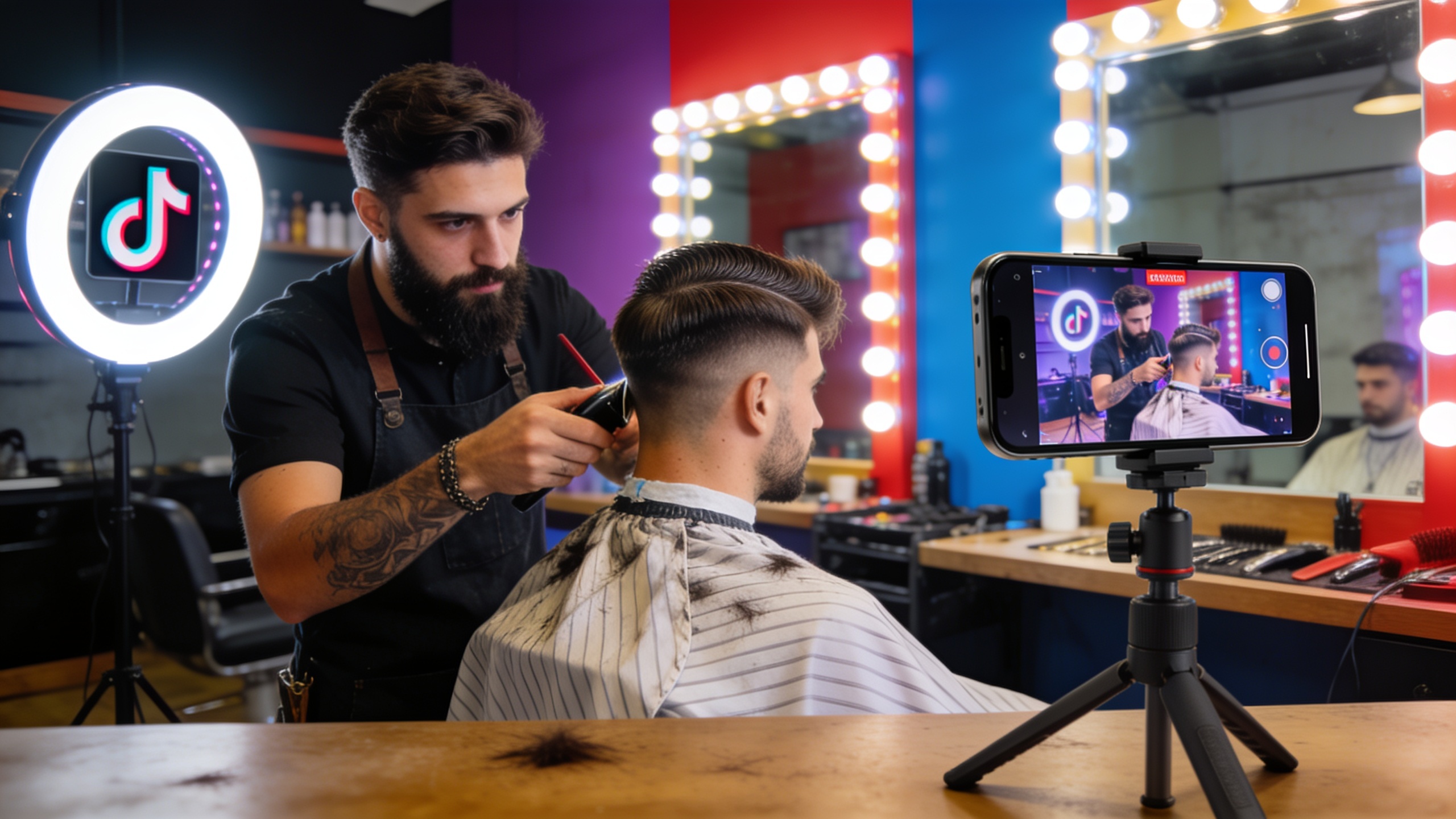 Jeune coiffeur barbu créant un Reel TikTok dans son salon moderne, montrant un avant/après spectaculaire d'une coupe homme, avec des lumières LED et un smartphone sur trépied, ambiance dynamique et professionnelle, style photo éditorial magazine