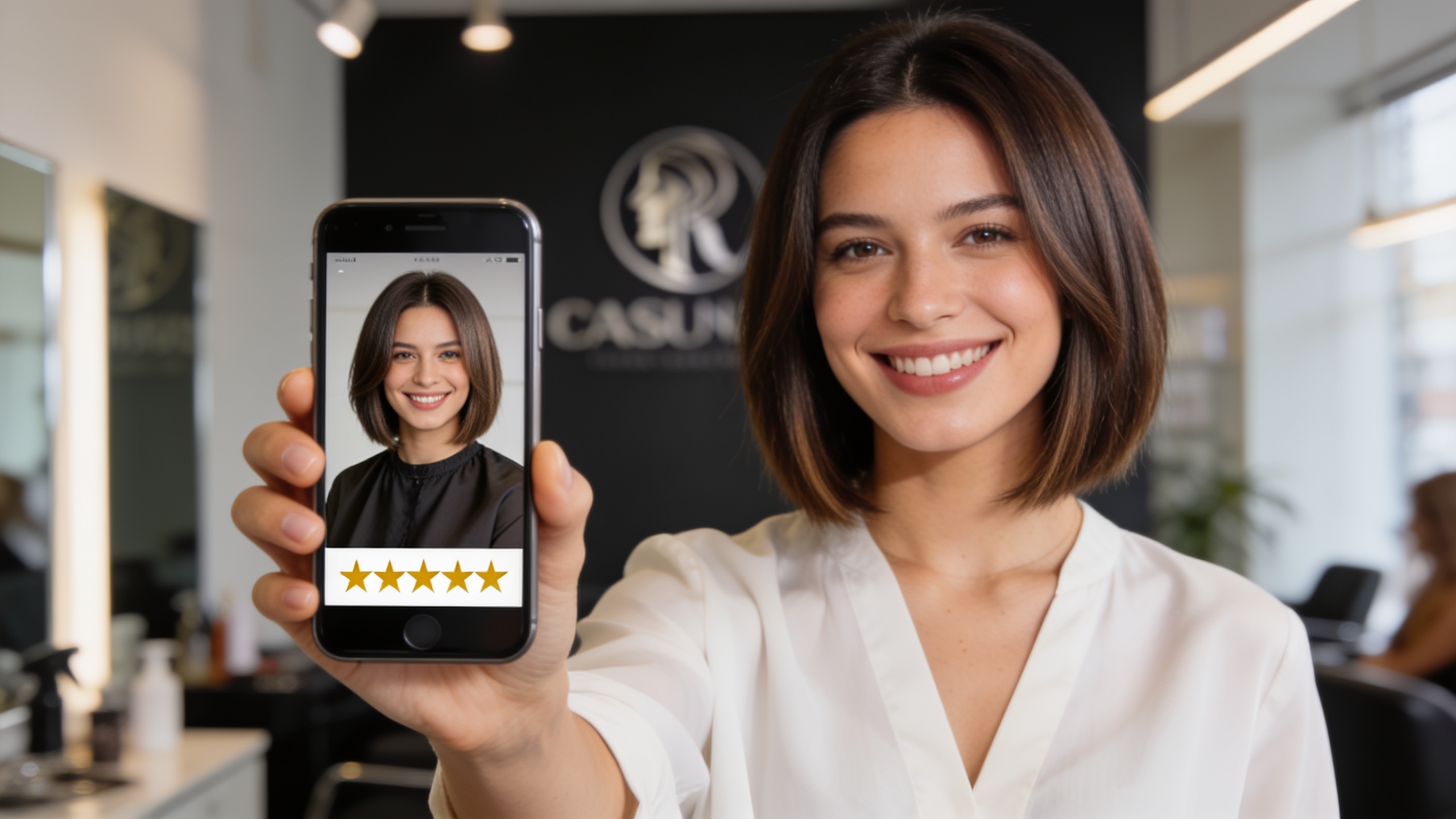 Client souriant montrant sa nouvelle coiffure parfaite, avec un smartphone affichant un avis Google 5 étoiles et le logo du salon de coiffure en arrière-plan, ambiance de satisfaction et de modernité, style photo éditorial magazine