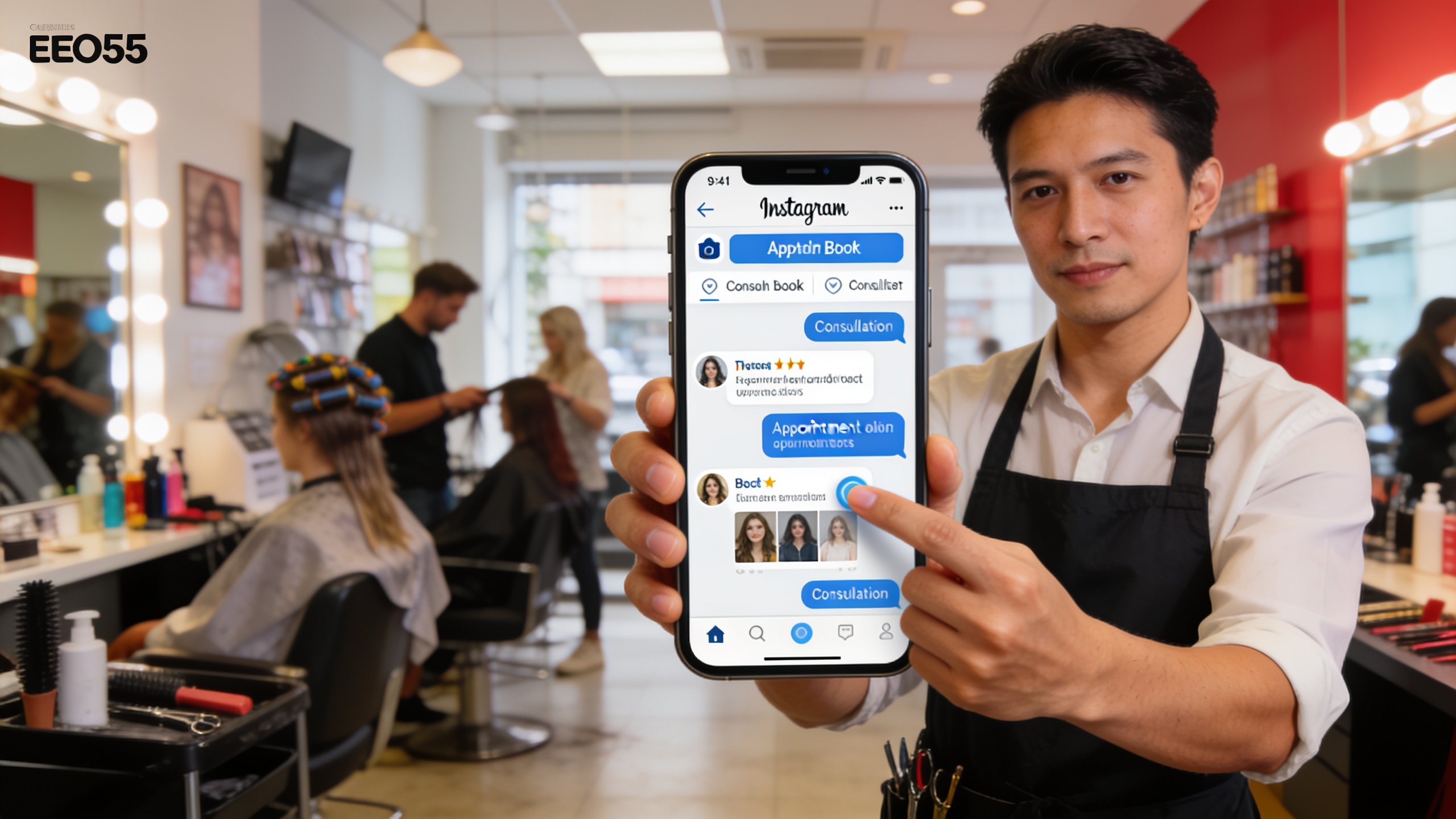Coiffeur utilisant un chatbot sur son smartphone pour répondre aux messages Instagram de clients, affichant des options de prise de rendez-vous et de consultation, dans un salon de coiffure animé, style photo réaliste et fonctionnel