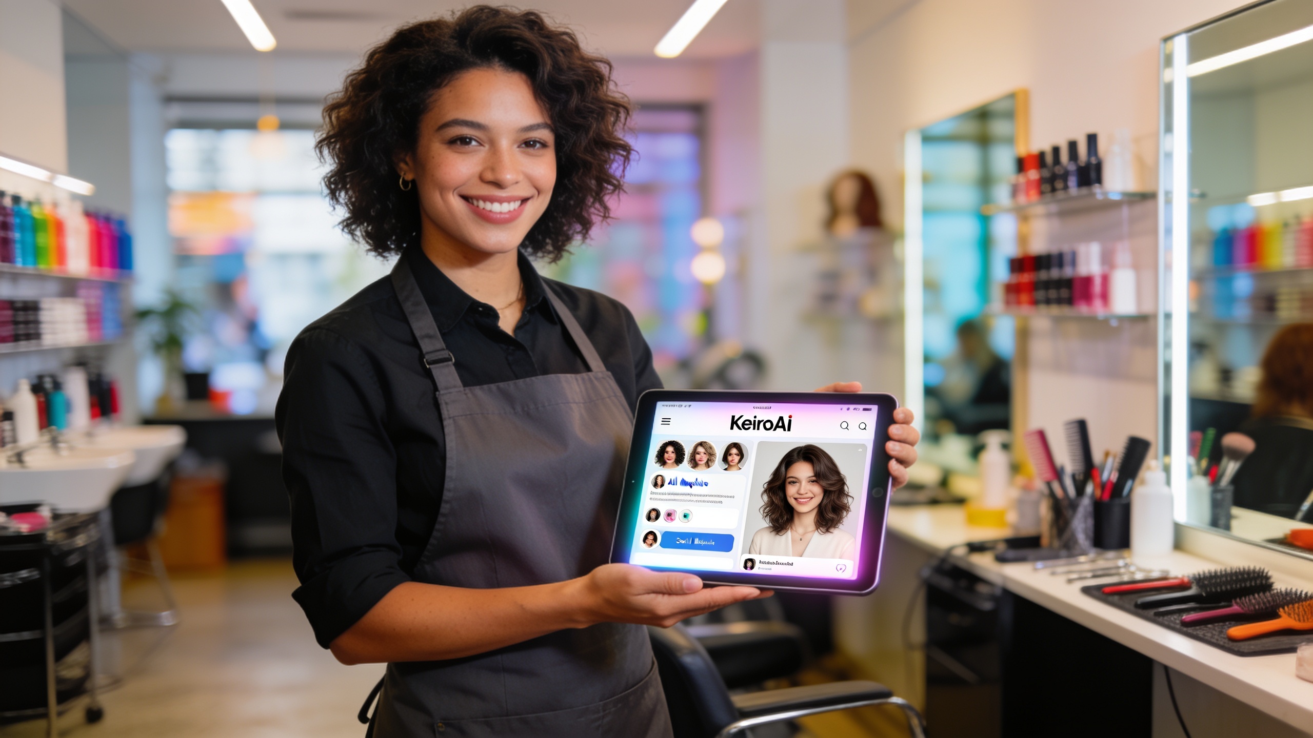 Coiffeur montrant fièrement un écran de tablette affichant l'interface intuitive de KeiroAI, avec des visuels de coiffures générés par IA et des options de publication sur les réseaux sociaux, ambiance de facilité et d'innovation, style photo éditorial magazine