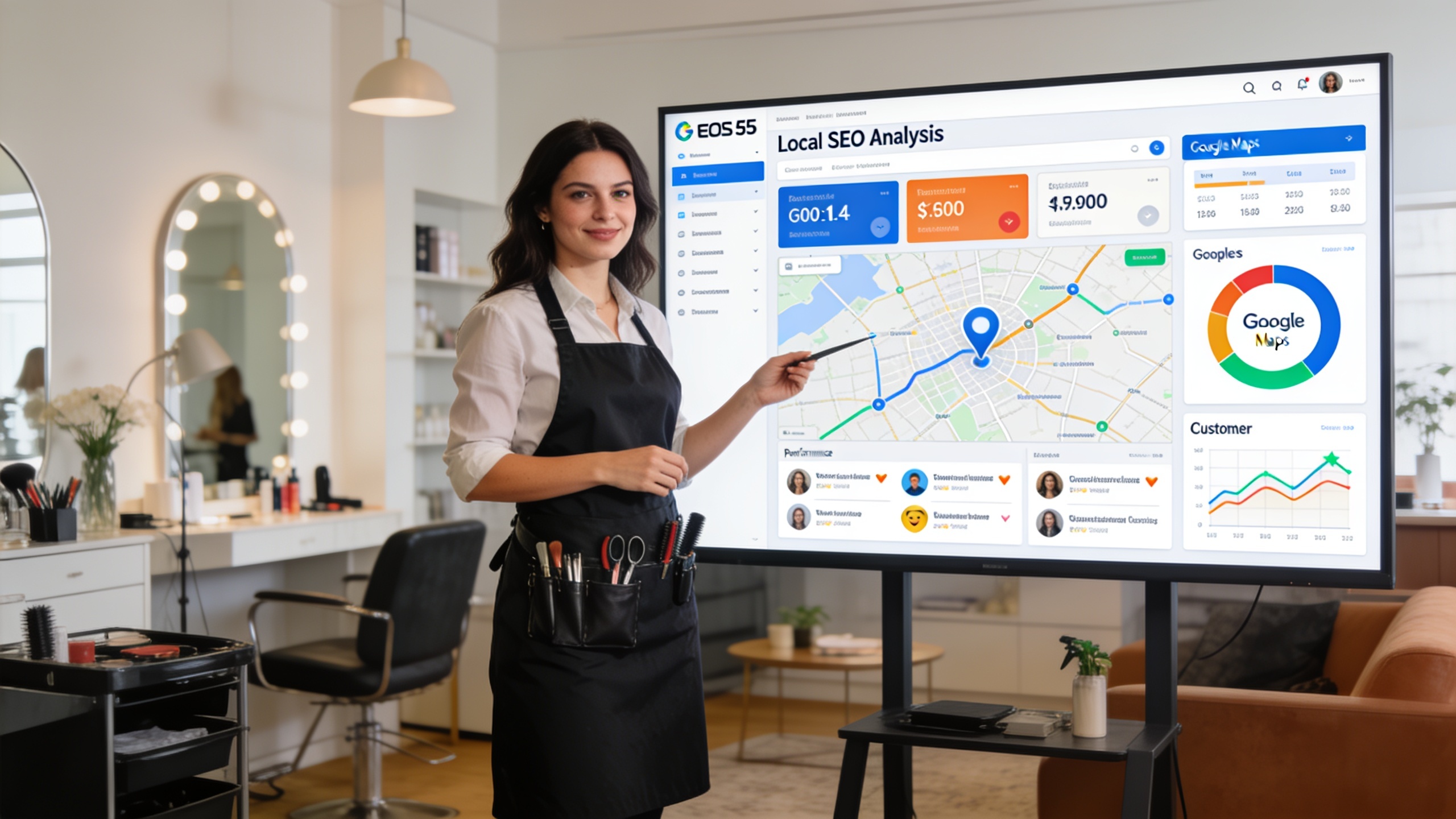 Coiffeuse montrant un tableau de bord d'analyse SEO local sur un grand écran, affichant la performance de son salon sur Google Maps, les avis clients et le trafic du site web, dans un bureau moderne, ambiance stratégique et data-driven, style photo éditorial magazine