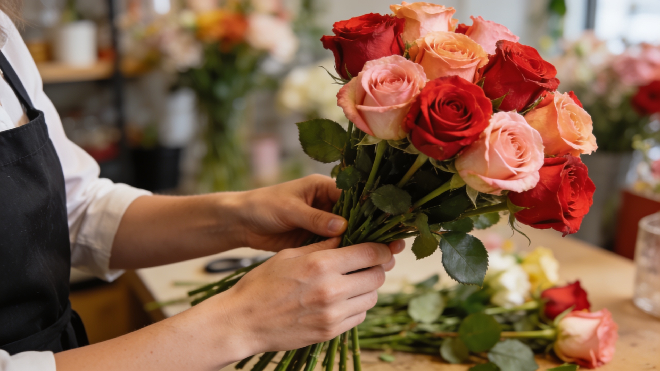 Gros plan sur les mains d'un fleuriste expert, arrangeant un bouquet de roses fraîchement coupées, avec un arrière-plan flou de sa boutique. Lumière douce et naturelle, style éditorial, couleurs vives.