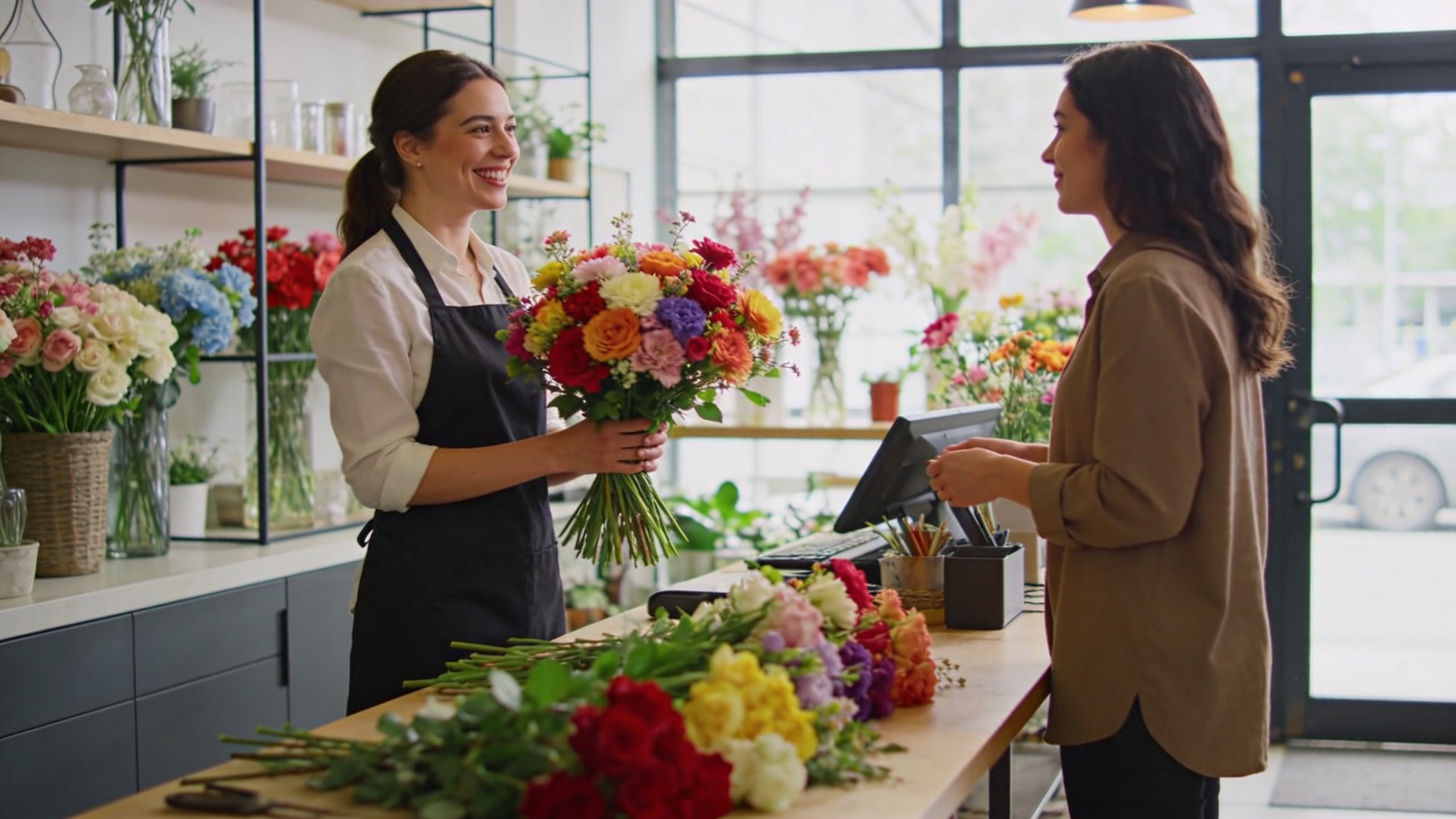 Une fleuriste souriante, tenant un bouquet de fleurs colorées, interagit avec un client dans sa boutique moderne. L'ambiance est chaleureuse et accueillante, style photo éditoriale magazine.