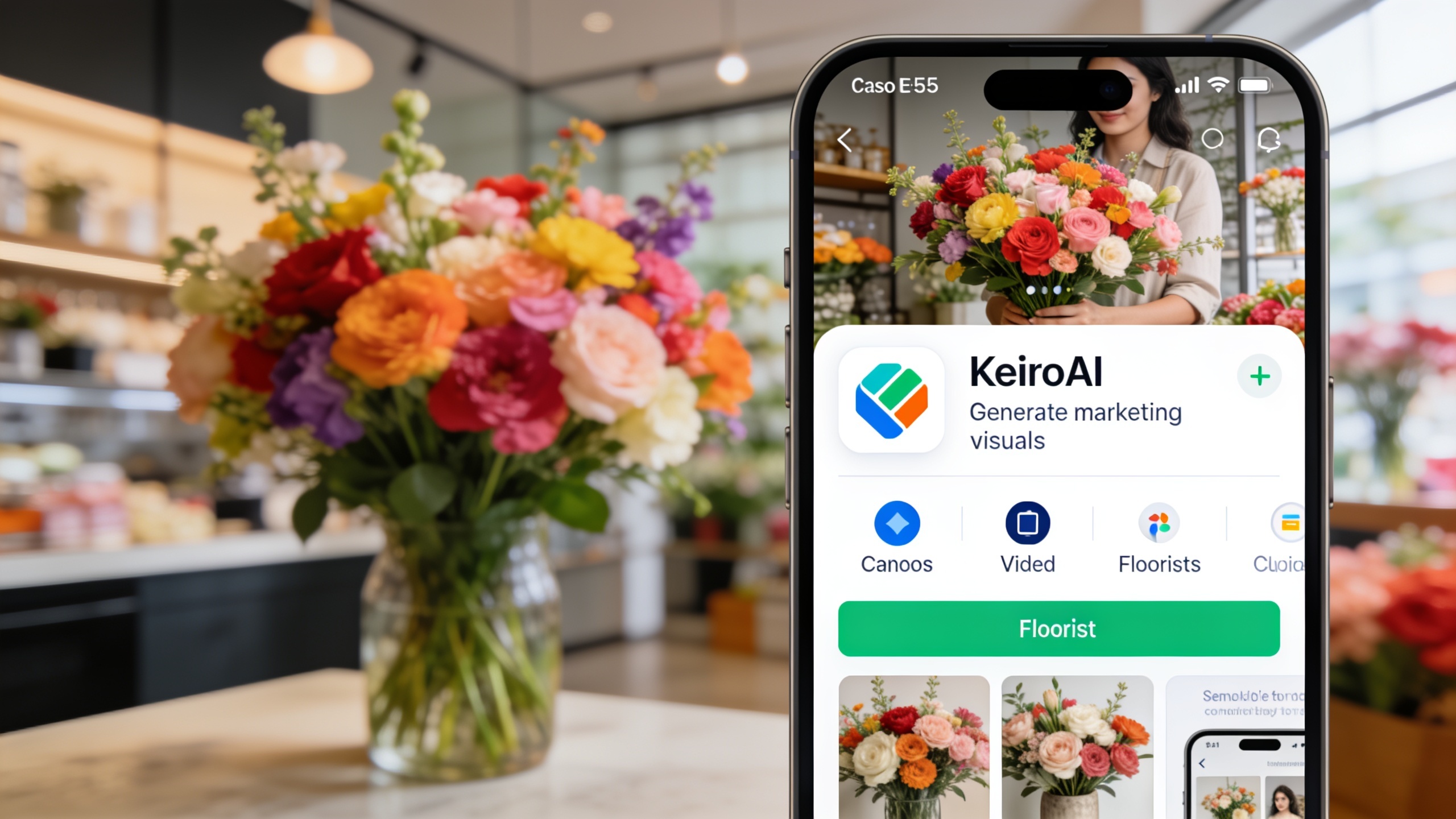 Gros plan sur un smartphone affichant une interface d'application KeiroAI, avec des options de génération de visuels marketing pour fleuristes. En arrière-plan, un bouquet de fleurs flou et une boutique moderne. Style technologie futuriste, couleurs vibrantes.