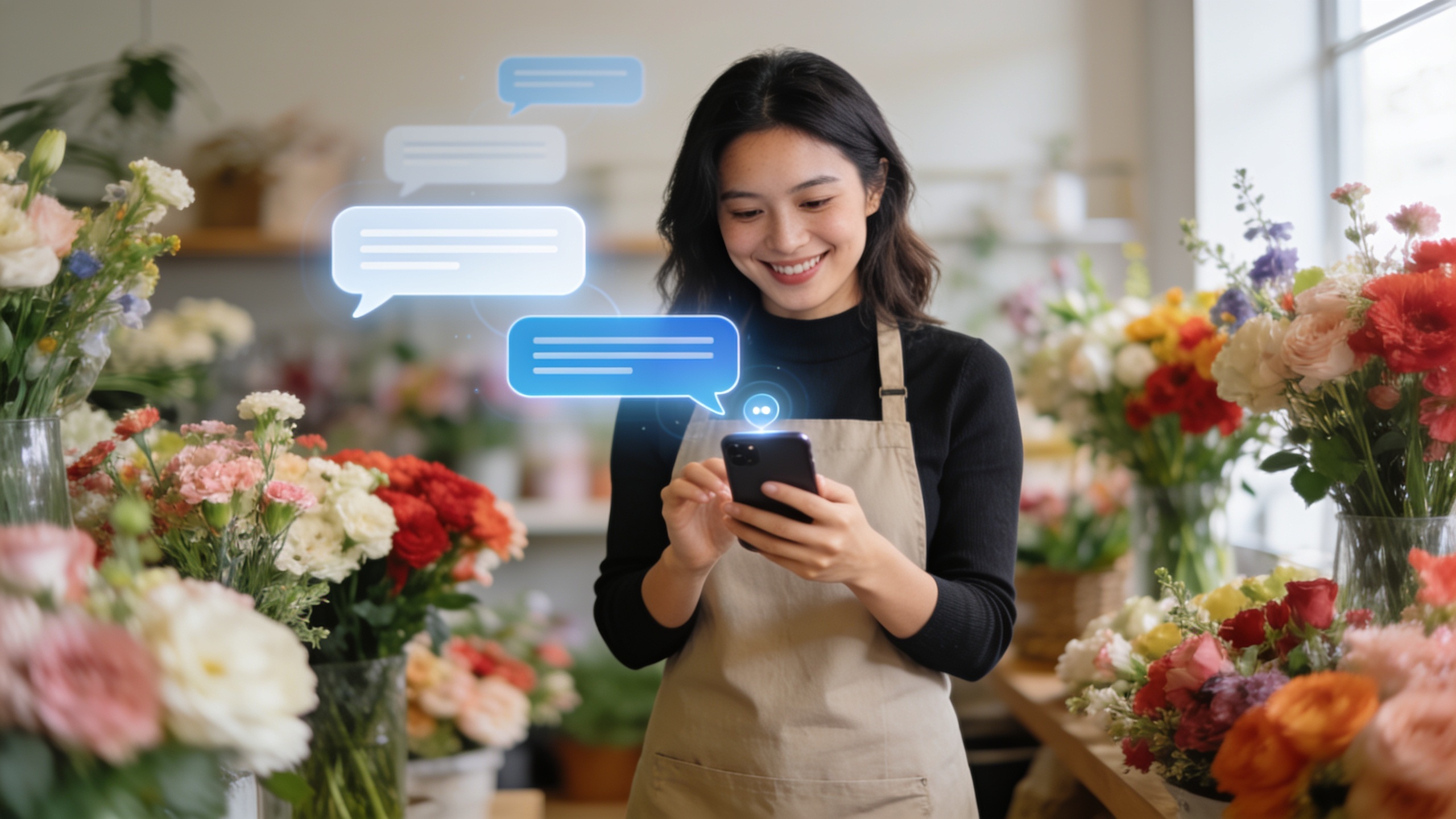 Une fleuriste souriante utilise son smartphone pour interagir avec des clients via des messages directs automatisés, des bulles de conversation flottant autour de l'écran. Des bouquets de fleurs fraîches sont visibles en arrière-plan. Style moderne et connecté, lumière douce.