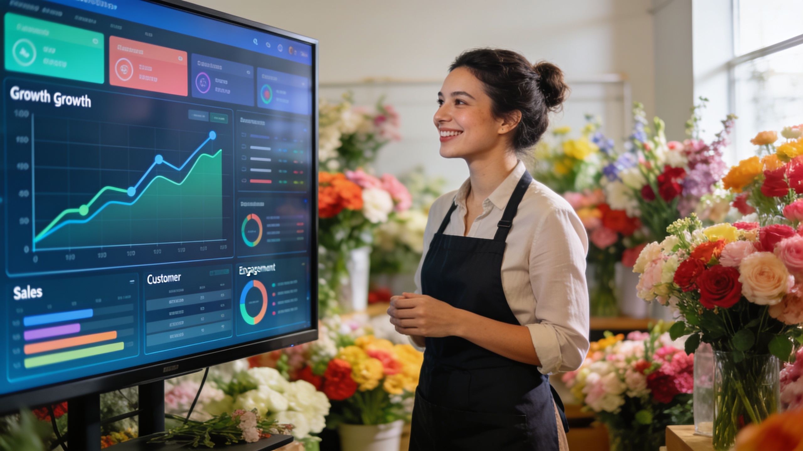 Une fleuriste regarde avec satisfaction un tableau de bord digital sur un grand écran, affichant des graphiques de croissance des ventes et de l'engagement client, avec des bouquets de fleurs en arrière-plan. Ambiance de succès et de modernité, couleurs vives.