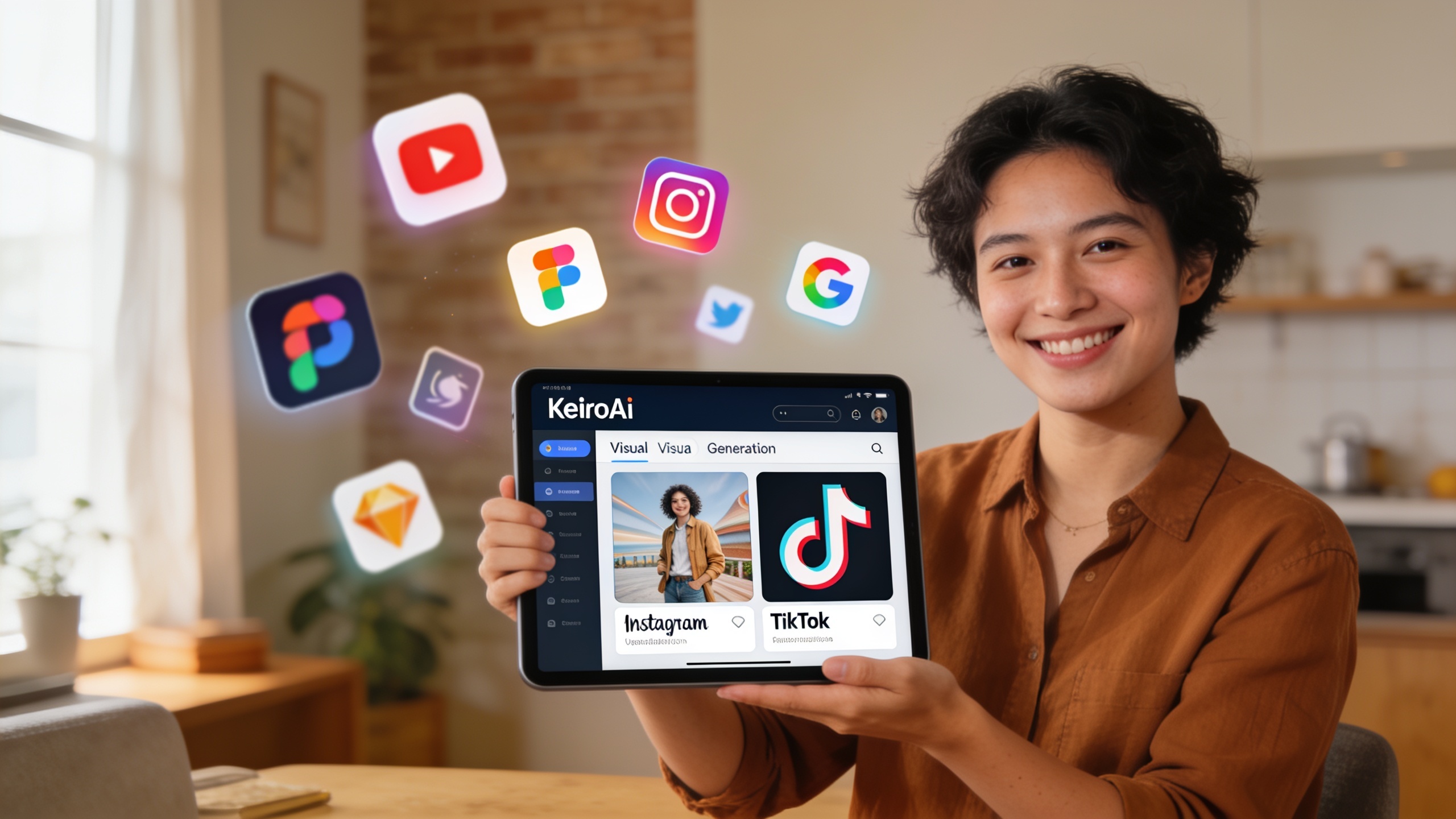 Freelance souriant présentant une interface utilisateur KeiroAI sur une tablette, montrant des options de génération de visuels pour Instagram et TikTok, avec des icônes de réseaux sociaux flottantes, ambiance innovante et conviviale, lumière douce, style photo réaliste de haute qualité.