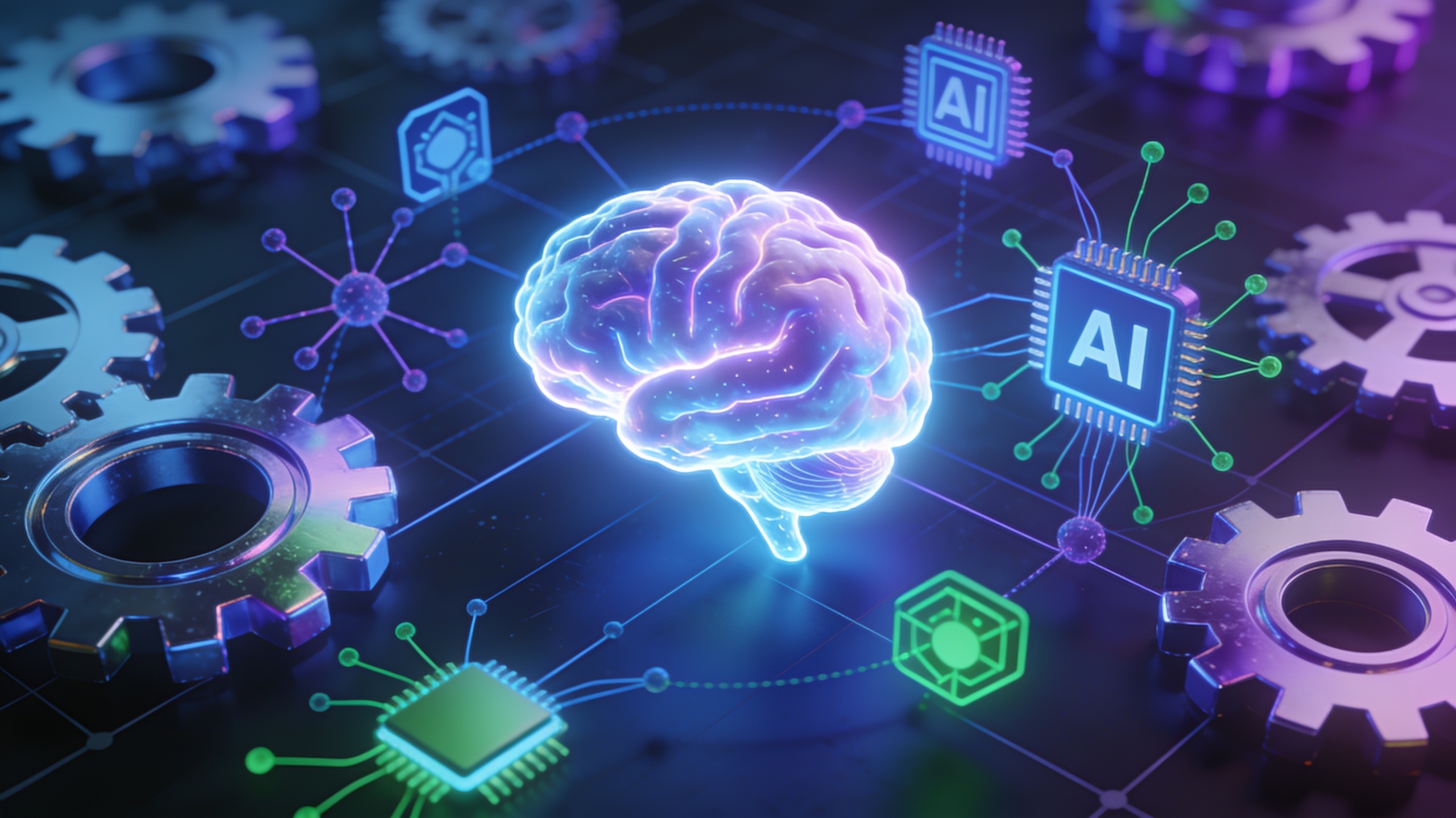 Illustration stylisée d'un cerveau humain entouré d'engrenages et de symboles d'IA, représentant la synergie entre l'intelligence humaine et artificielle pour la stratégie marketing, couleurs vives et modernes, style illustration isométrique 3D.