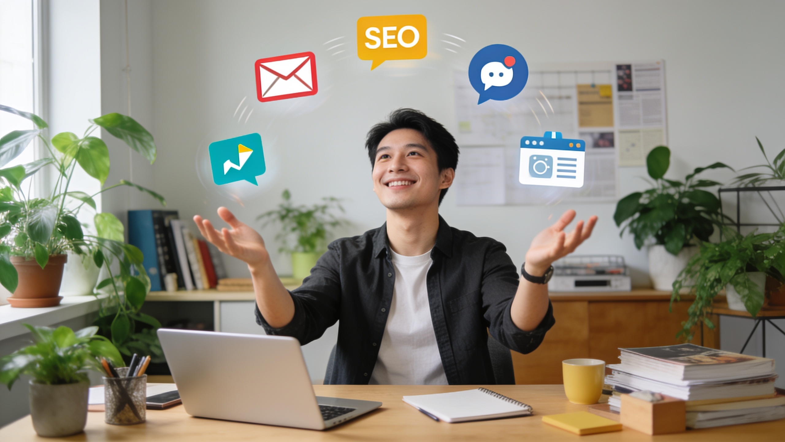 Freelance multi-tâches souriante, jonglant avec des icônes représentant différents canaux marketing digital : email, SEO, réseaux sociaux, site web. L'arrière-plan est un bureau organisé avec des plantes, ambiance dynamique et équilibrée, style photo réaliste avec des éléments graphiques.