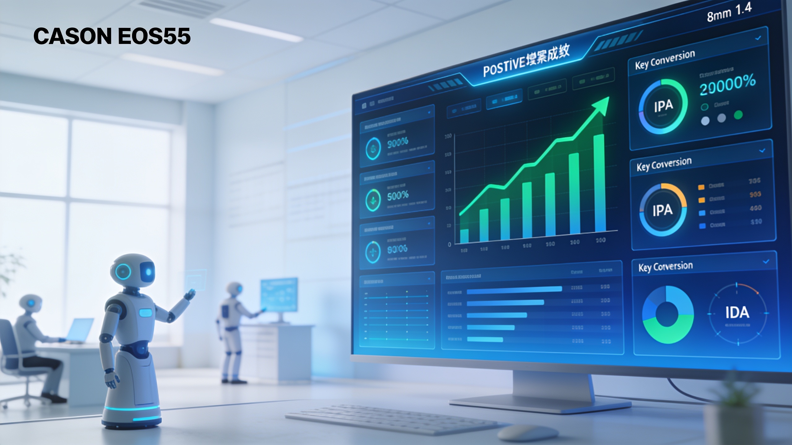 Tableau de bord digital affichant des statistiques de performance marketing pour un freelance, avec des graphiques de croissance, des indicateurs de conversion et des icônes d'agents IA, ambiance de réussite et d'efficacité, couleurs bleues et vertes, style interface utilisateur futuriste.