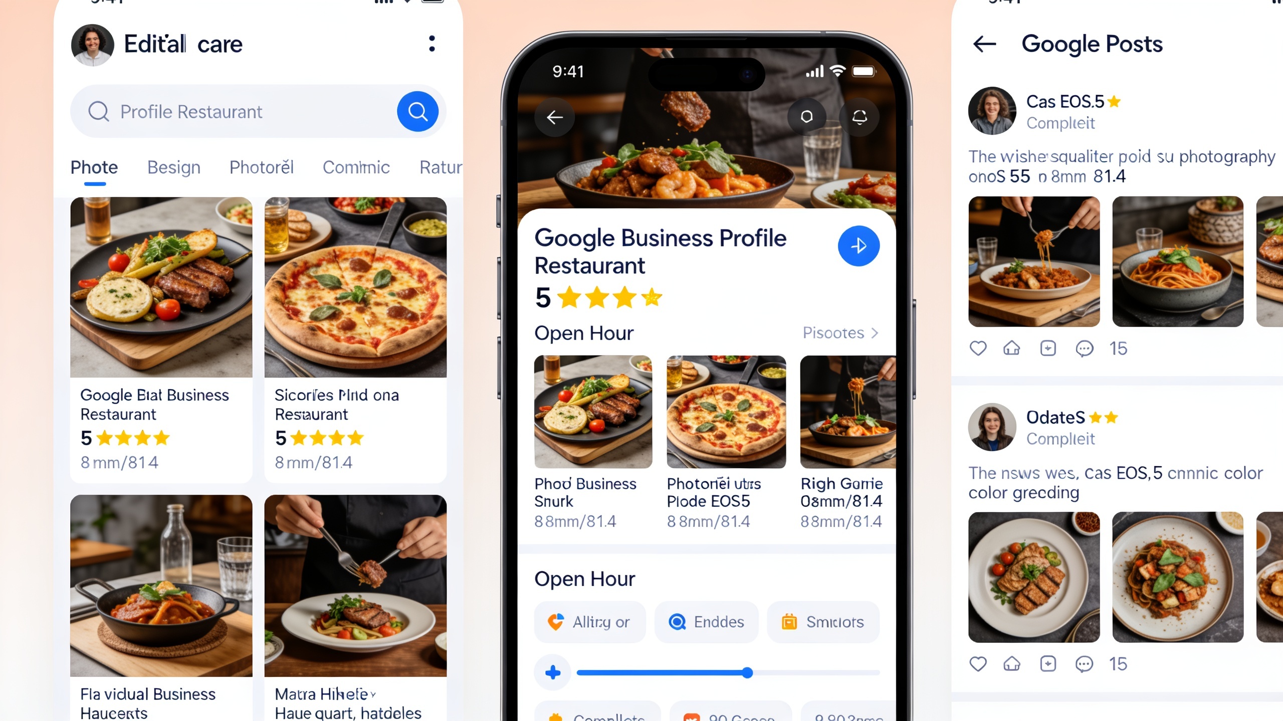 Une capture d'écran détaillée d'un profil Google Business Profile pour un restaurant fictif, montrant des avis 5 étoiles, des photos alléchantes de plats, les horaires d'ouverture et une section 'Google Posts' à jour. L'interface est propre et met en évidence la complétude du profil. Style capture d'écran réaliste, interface utilisateur moderne.