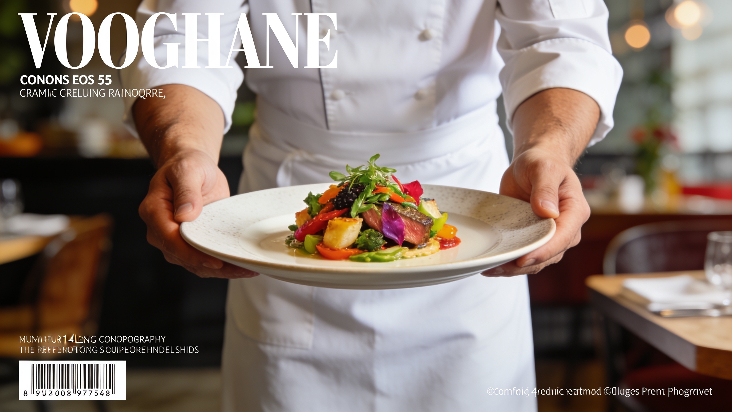 Un chef cuisinier présentant un plat gastronomique magnifiquement dressé, avec une lumière douce et un bokeh artistique en arrière-plan, comme une photo de magazine culinaire. Le plat est coloré et appétissant. Style photo réaliste, haute résolution, composition équilibrée.