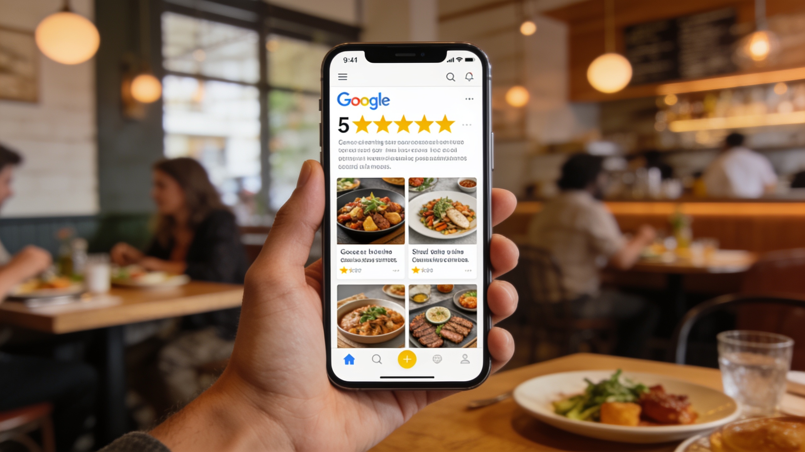 Une main tenant un smartphone affichant des avis Google 5 étoiles pour un restaurant, avec des commentaires positifs et des photos de plats. Le fond montre une ambiance de restaurant chaleureuse et conviviale, suggérant une expérience client réussie. Style photo réaliste, mise au point sur l'écran, lumière naturelle.