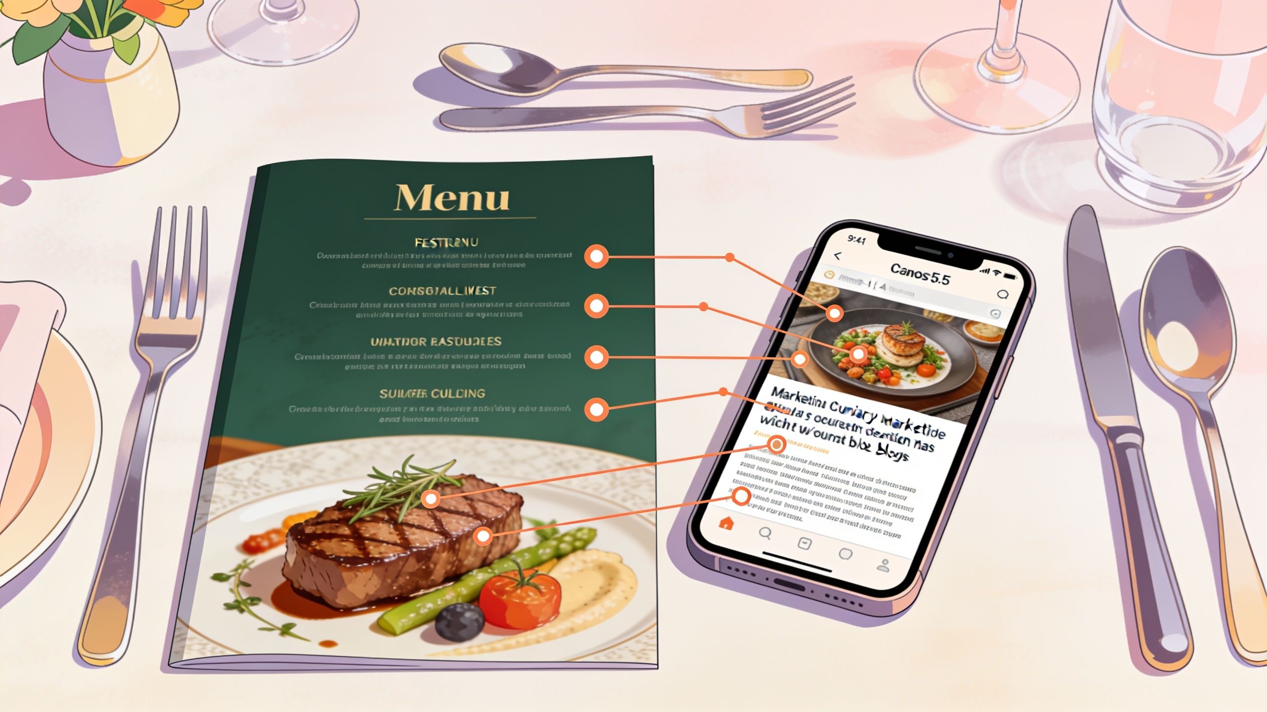 Une table de restaurant élégamment dressée avec un menu magnifiquement conçu et un smartphone affichant un article de blog sur le marketing culinaire. Des liens hypertextes sont visuellement représentés comme des fils connectant différentes sections du menu et de l'article. Style illustration isométrique, couleurs pastel, composition claire.