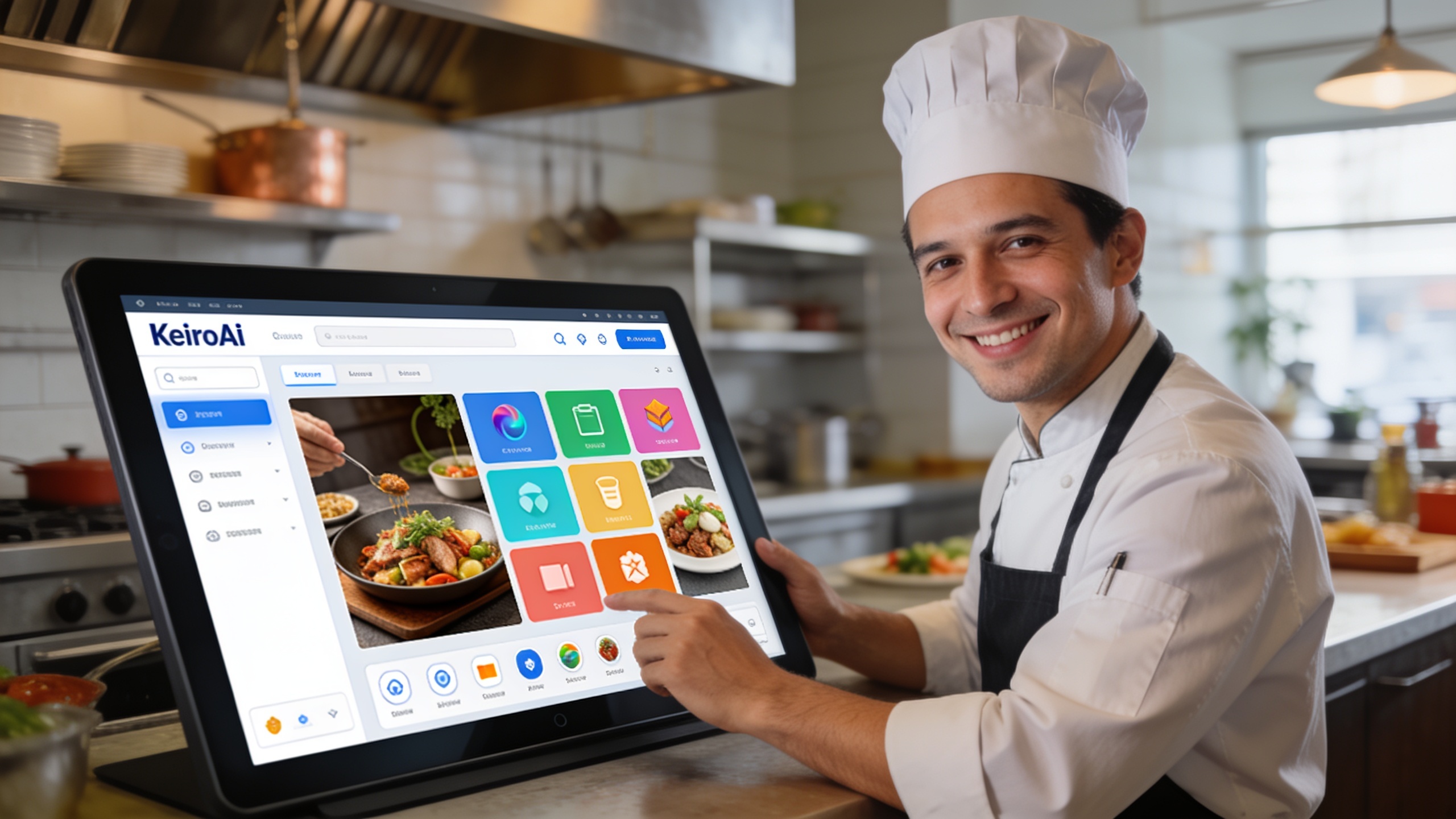 Un chef cuisinier souriant utilisant une interface conviviale de KeiroAI sur un grand écran tactile, générant des visuels marketing créatifs pour son restaurant. L'interface est intuitive et colorée, montrant des options de personnalisation pour les images. Style futuriste mais accessible, lumière ambiante douce.