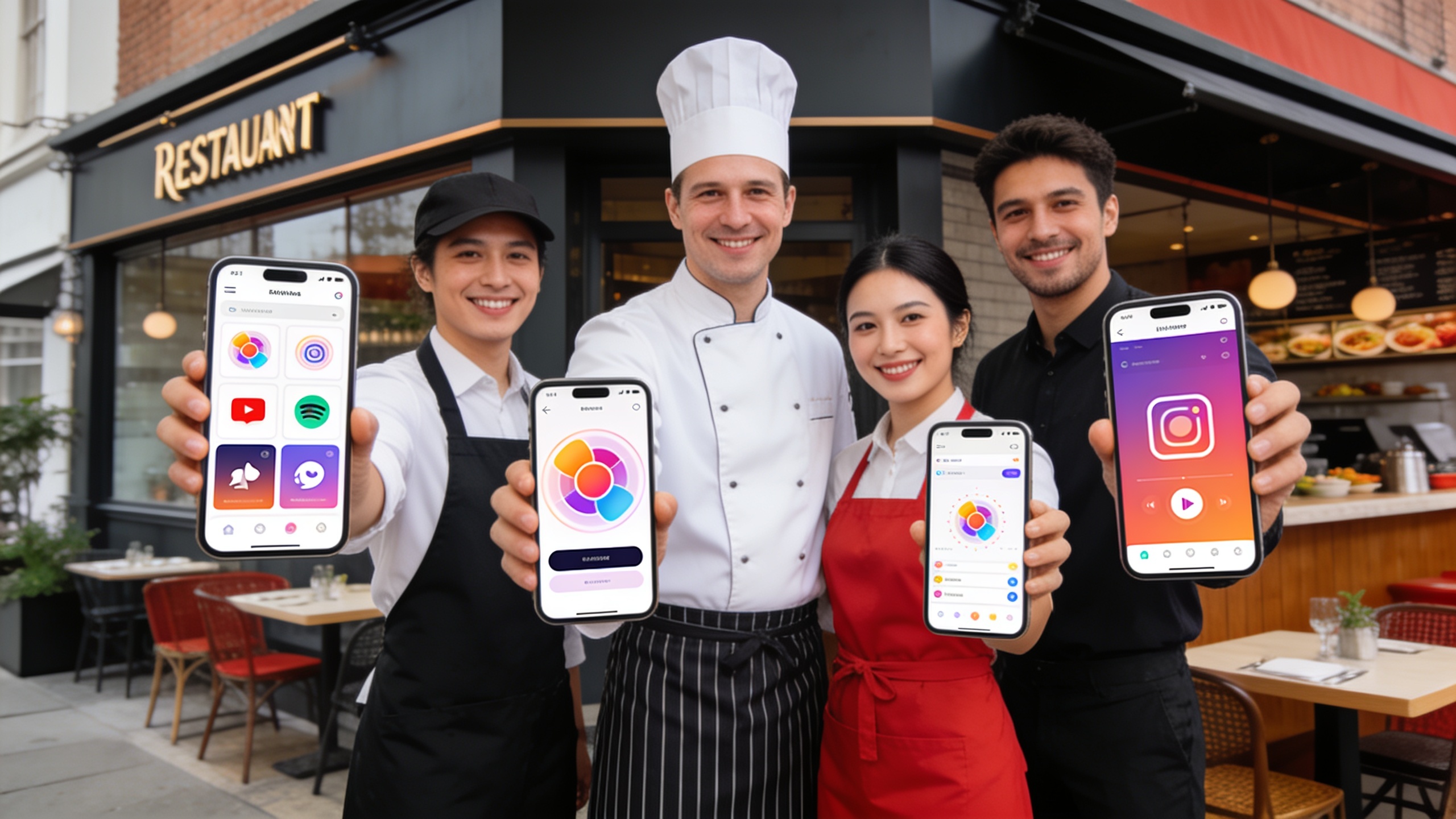 Une équipe de restaurateurs souriants, y compris le chef et le personnel de salle, posant fièrement devant leur restaurant moderne. Ils tiennent des smartphones affichant des logos KeiroAI et des icônes de réseaux sociaux, symbolisant leur succès grâce au marketing digital. L'ambiance est dynamique et collaborative. Style photo réaliste, composition de groupe, couleurs vives.