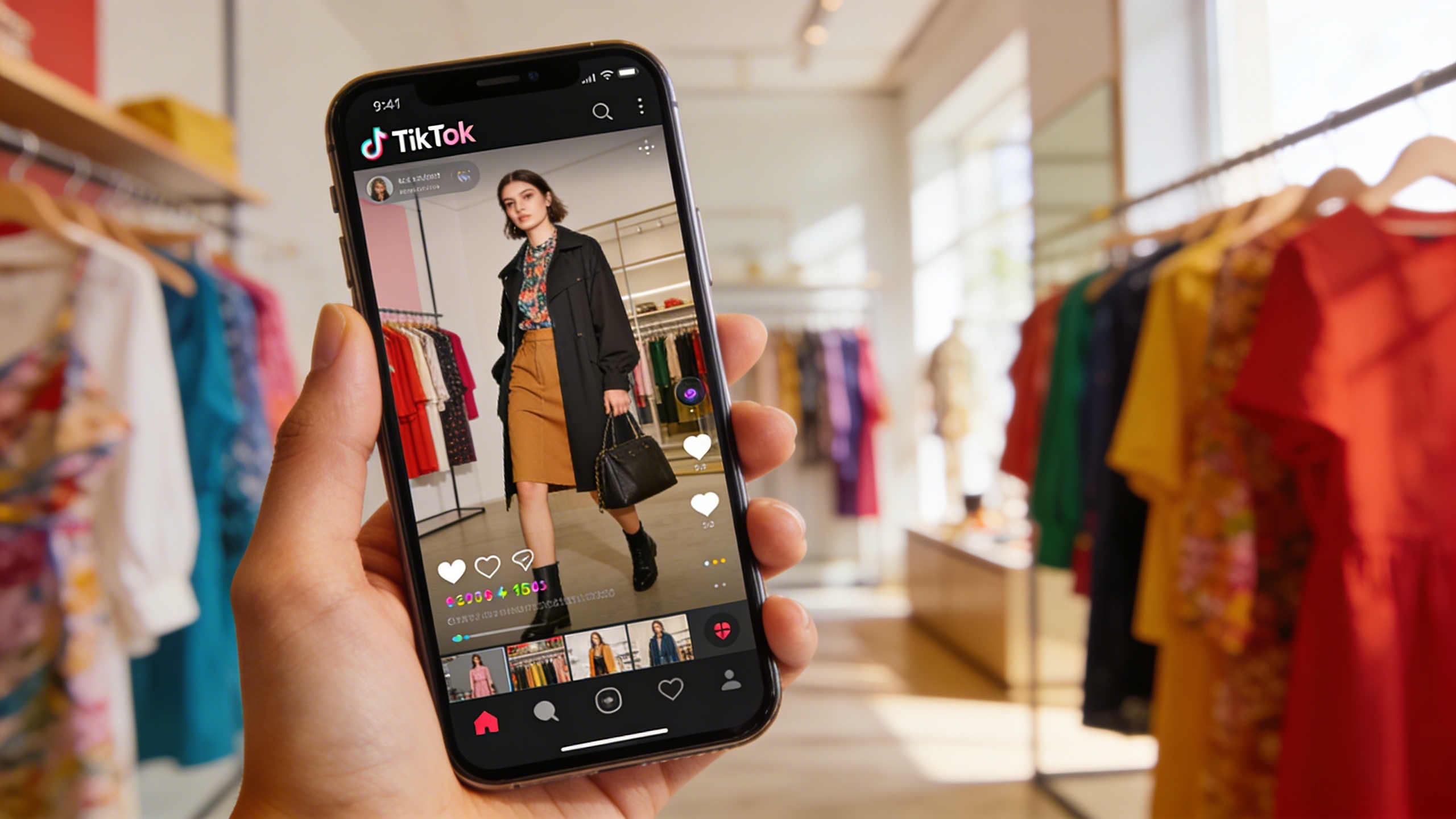 Écran de smartphone affichant l'interface TikTok avec une vidéo de mode tendance, des statistiques d'engagement (likes, commentaires, partages) superposées. En arrière-plan flou, des vêtements colorés sur des cintres dans une boutique lumineuse. Style photo réaliste, couleurs vives, composition moderne.