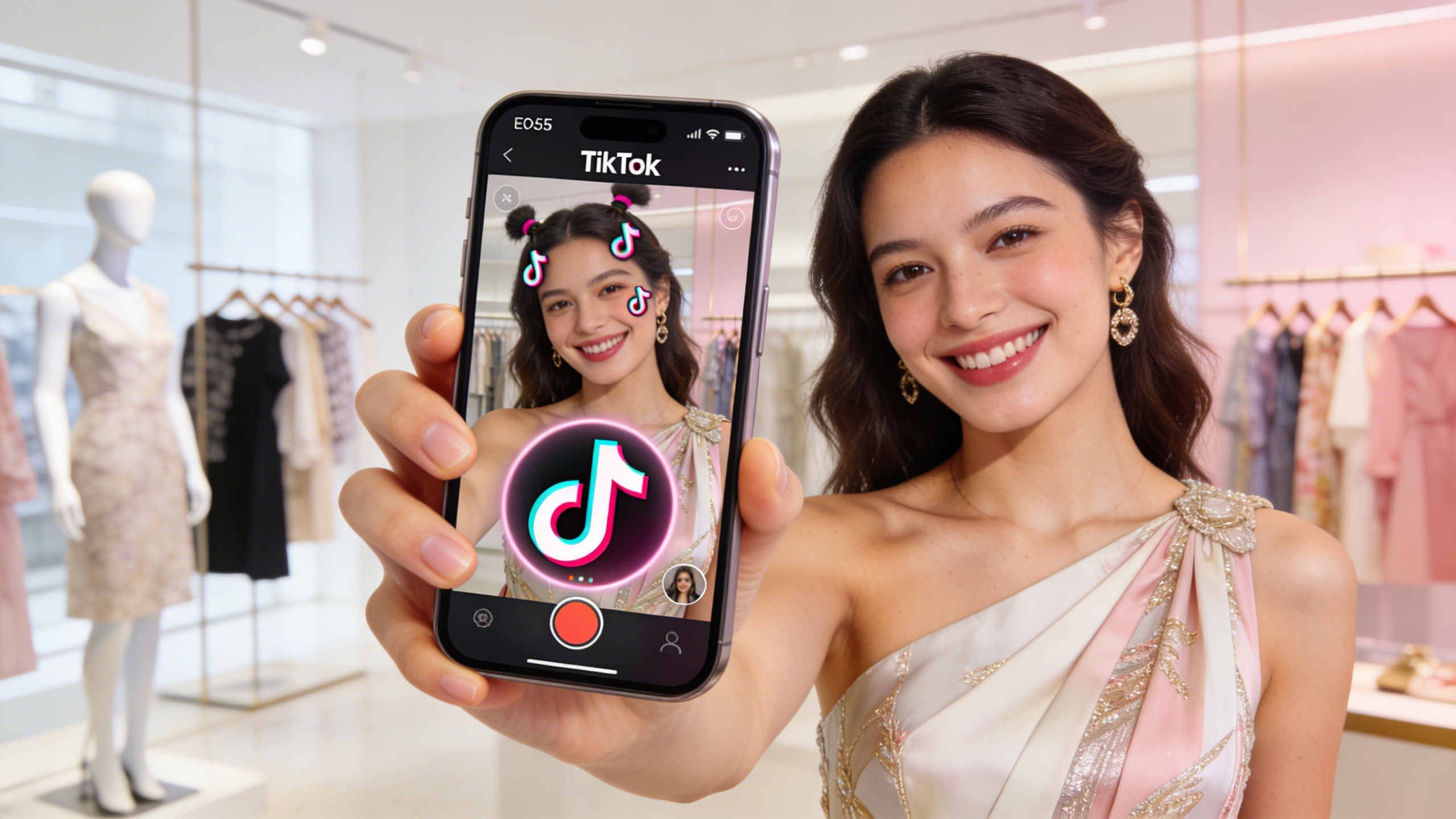 Une jeune femme souriante dans une robe élégante, filmée en gros plan avec un smartphone montrant un filtre TikTok créatif, à l'intérieur d'une boutique de mode lumineuse et moderne. Des mannequins et des cintres de vêtements stylés sont en arrière-plan. Style photo éditorial, couleurs douces, composition dynamique.