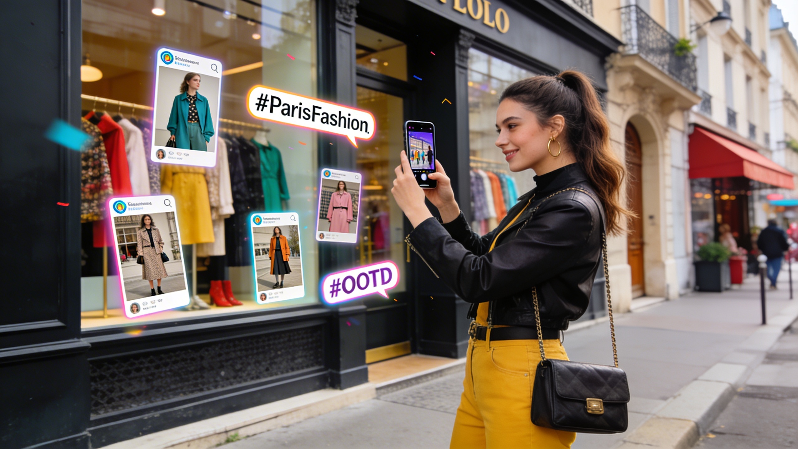 Une jeune femme stylée, influenceuse mode, interagit avec une boutique de vêtements locale, prenant des photos de tenues et taguant la localisation sur son smartphone. Autour d'elle, des hashtags populaires de mode et de ville flottent dans l'air. Style photo de rue éditorial, couleurs vibrantes, composition dynamique.