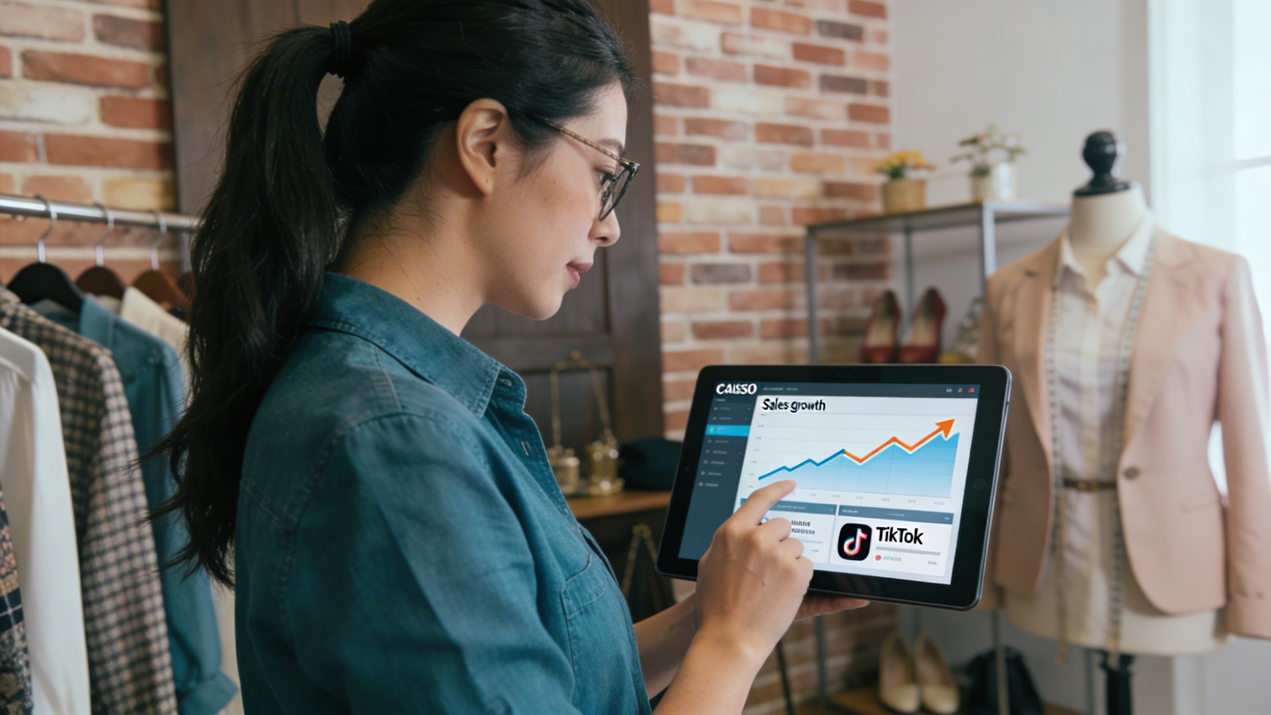Une femme propriétaire de boutique de mode regarde un tableau de bord analytique sur une tablette, affichant des graphiques de croissance des ventes et de l'engagement sur TikTok. En arrière-plan, un mur de briques apparentes et des articles de mode soigneusement agencés. Style data-driven, lumière douce, composition professionnelle.