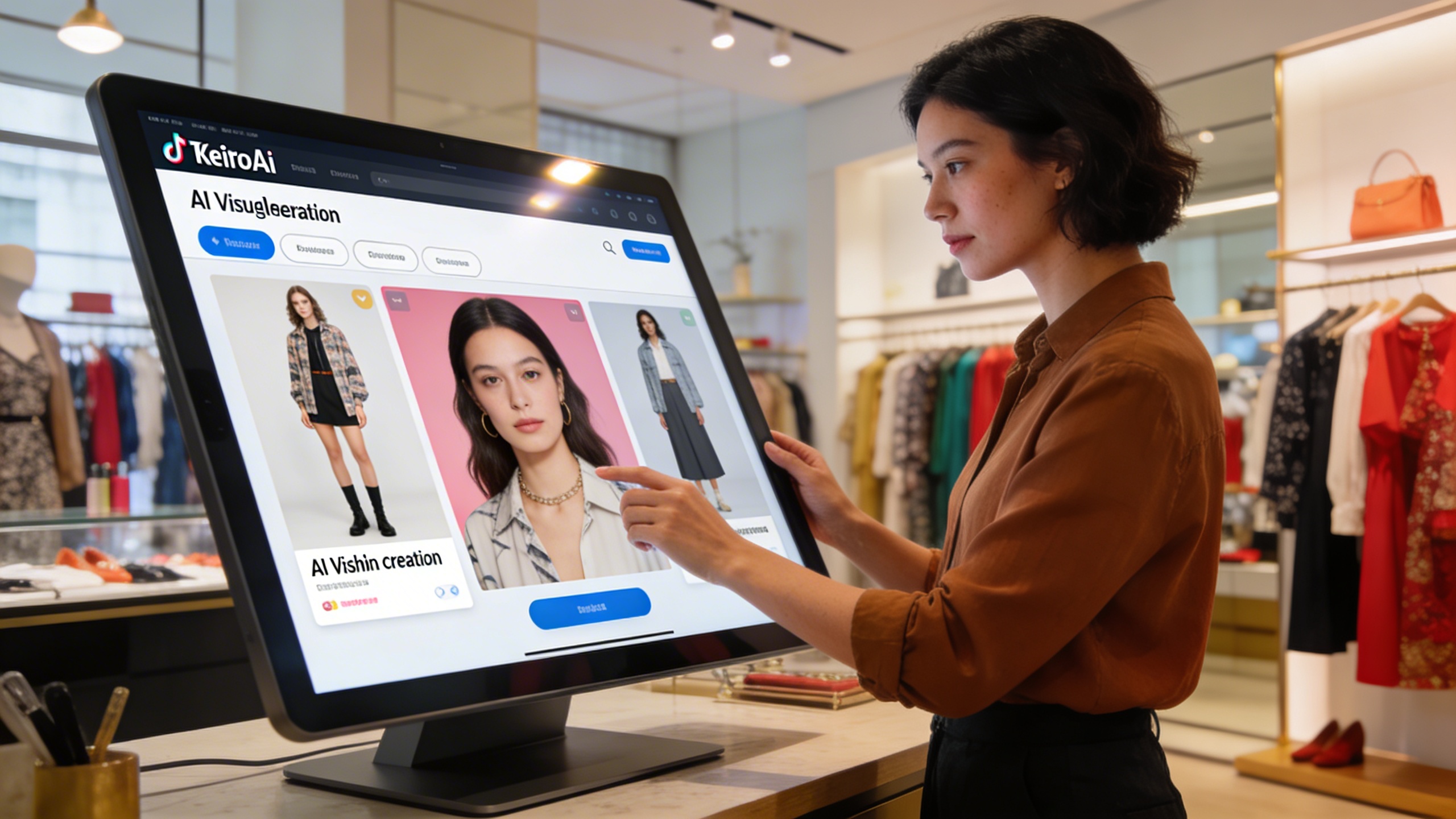 Propriétaire de boutique de mode utilisant l'interface de KeiroAI sur un grand écran tactile, affichant des options de génération de visuels IA pour TikTok. La personne a l'air concentrée mais détendue, le magasin est moderne et bien agencé. Style interface utilisateur futuriste, lumière ambiante, composition axée sur l'outil.