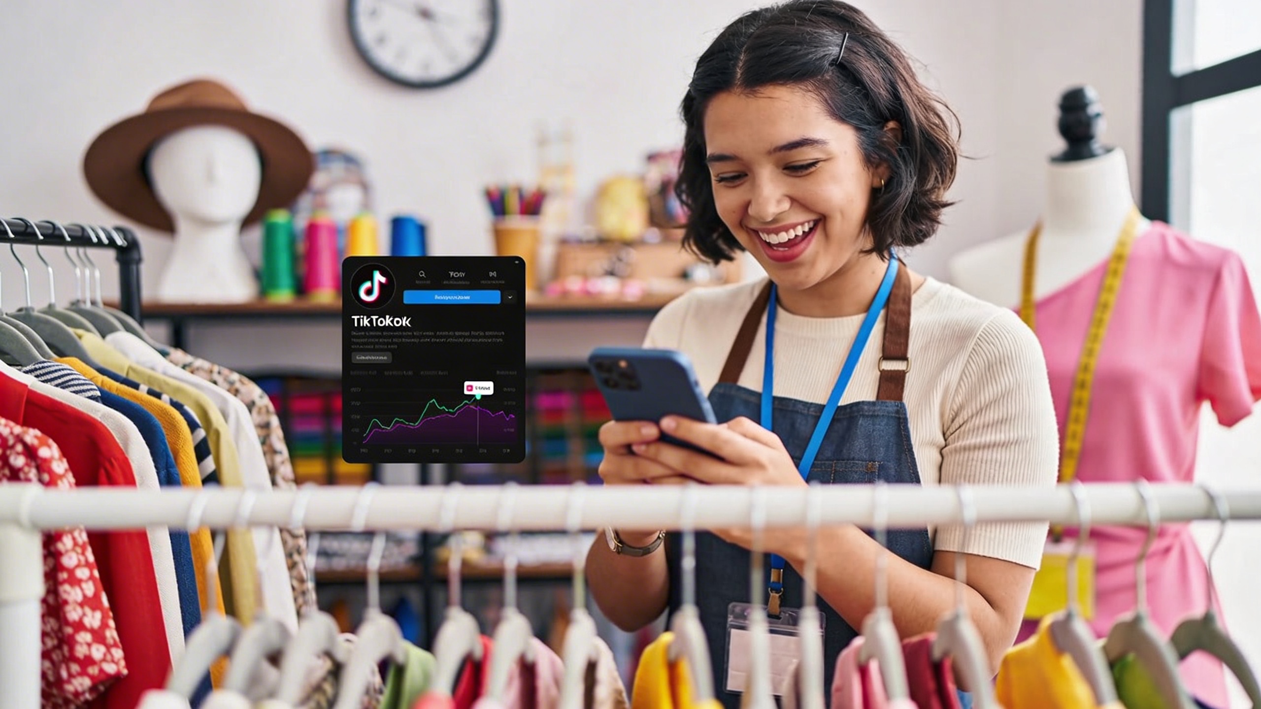 Une femme souriante, propriétaire d'une boutique de vêtements indépendante, regarde son smartphone en riant, montrant un graphique de croissance des abonnés TikTok. Elle est entourée de cintres colorés et de mannequins stylés dans une boutique lumineuse et bien rangée. La scène est dynamique et pleine de vie, style photo éditorial magazine.