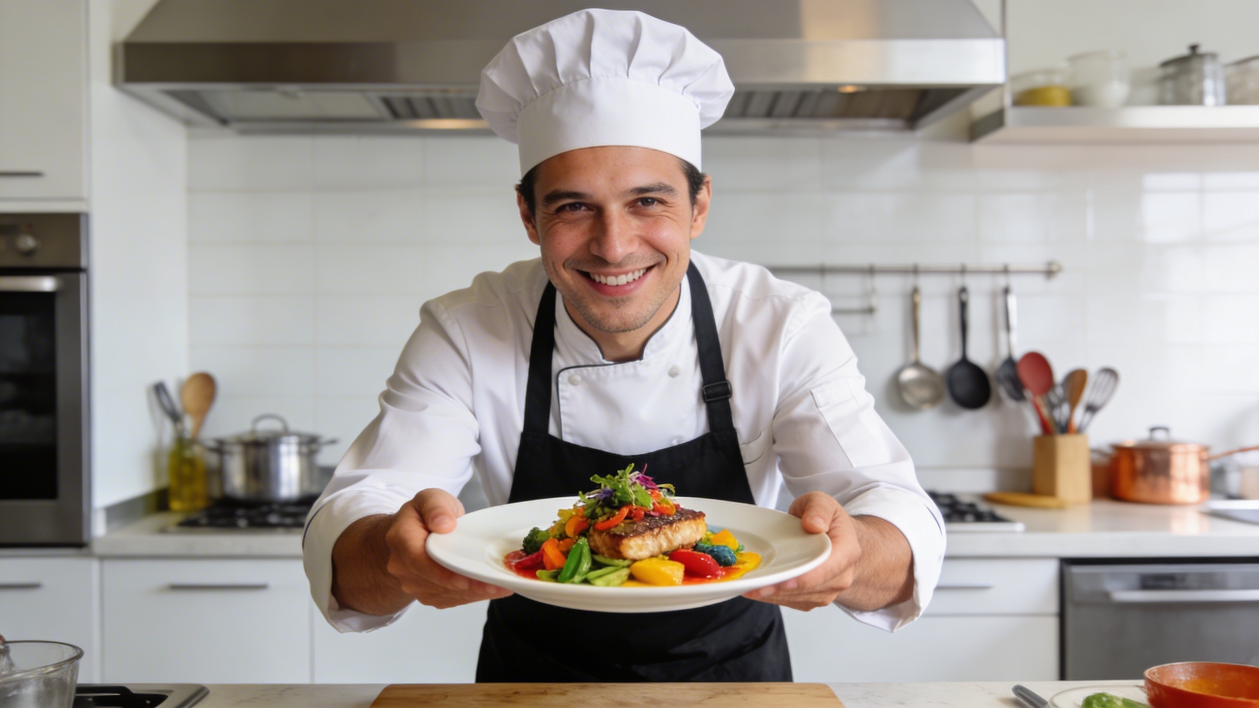 Un chef cuisinier souriant et passionné, avec une toque et un tablier, présente fièrement un plat gastronomique coloré et appétissant. Il est dans une cuisine professionnelle moderne et lumineuse, avec des ustensiles de cuisine en arrière-plan. L'image capture l'art de la cuisine et l'authenticité, style photo éditorial magazine.