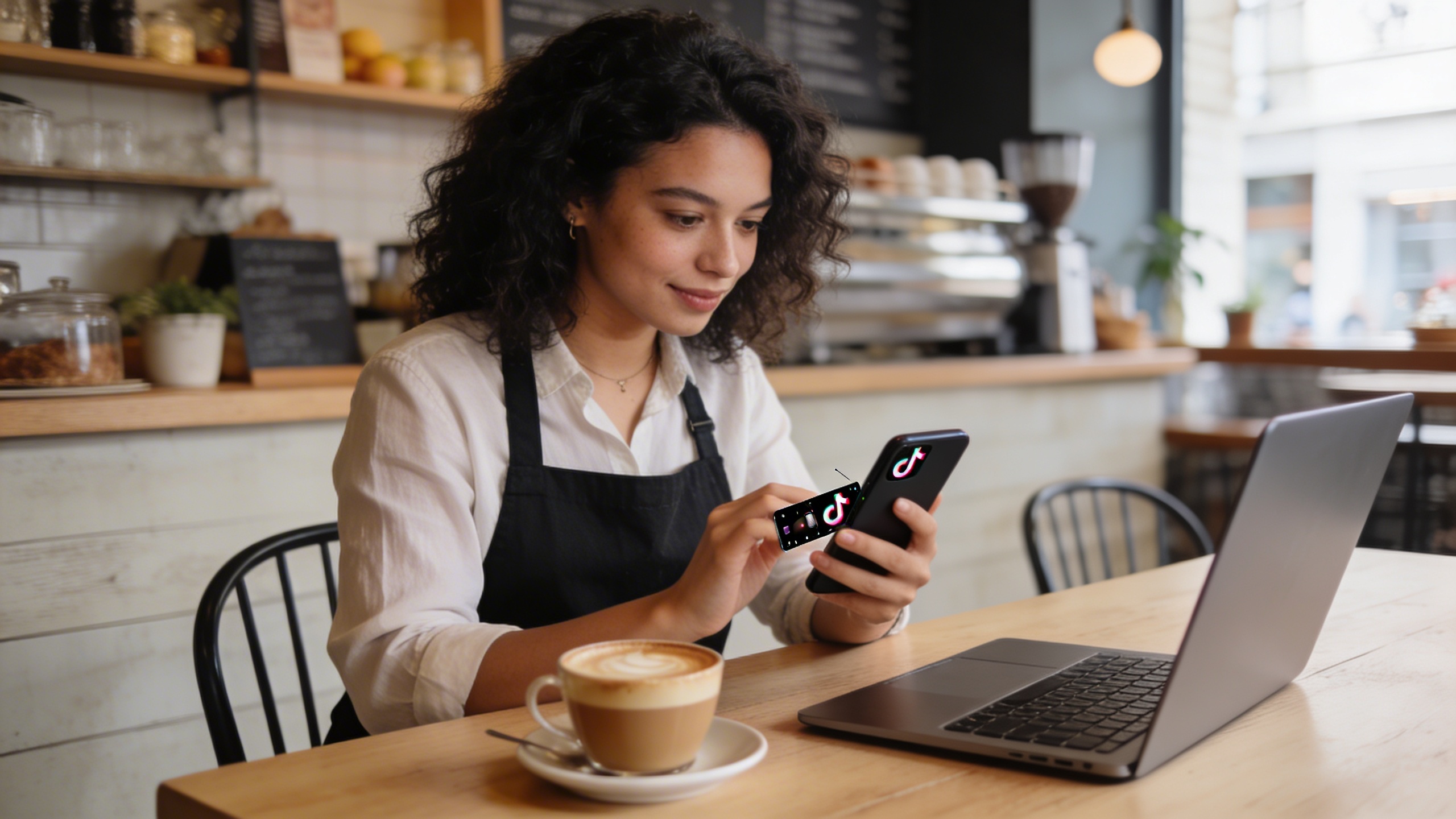 Une jeune femme entrepreneure, propriétaire d'un café branché, utilise son smartphone pour éditer une vidéo TikTok. Elle est assise à une table en bois clair, avec un café latte et un ordinateur portable à côté d'elle. L'ambiance est cosy et productive, style photo éditorial magazine, lumière naturelle douce.