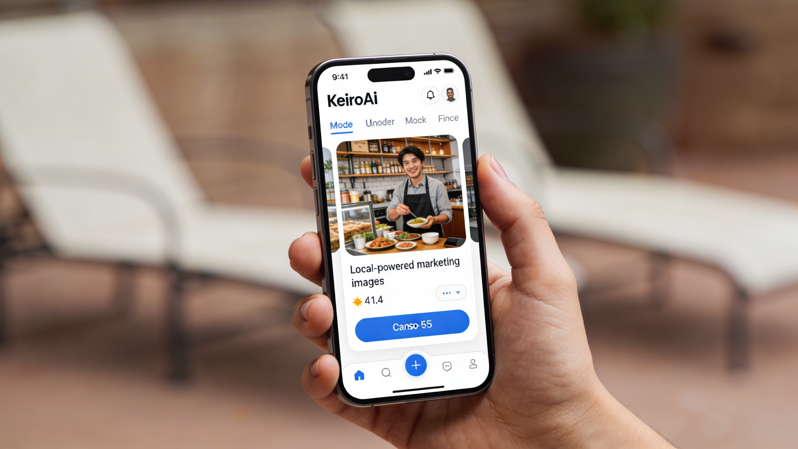 Gros plan sur un smartphone affichant l'interface utilisateur intuitive de KeiroAI, montrant un entrepreneur local générant des visuels marketing par IA. Les images générées sont de haute qualité, modernes et attrayantes, reflétant la facilité d'utilisation et l'efficacité de la plateforme. L'arrière-plan est flou, soulignant l'écran du téléphone, style photo éditorial magazine.