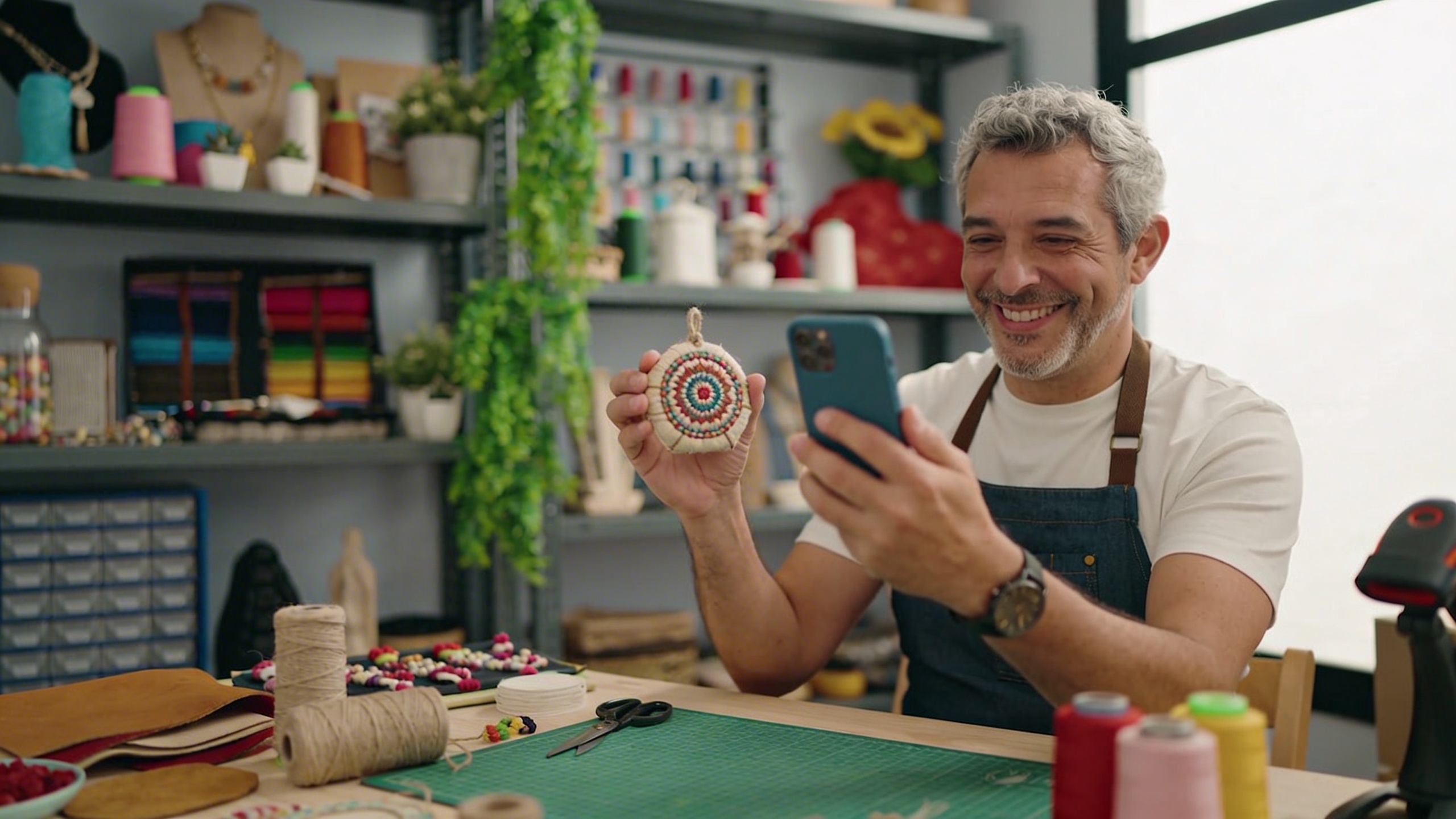 Un propriétaire de petite boutique d'artisanat local, homme d'une quarantaine d'années, interagit avec ses clients sur TikTok via son smartphone. Il sourit, répond aux commentaires, et montre un produit artisanal fait main. L'ambiance est chaleureuse et conviviale, style photo éditorial magazine, lumière douce et naturelle.