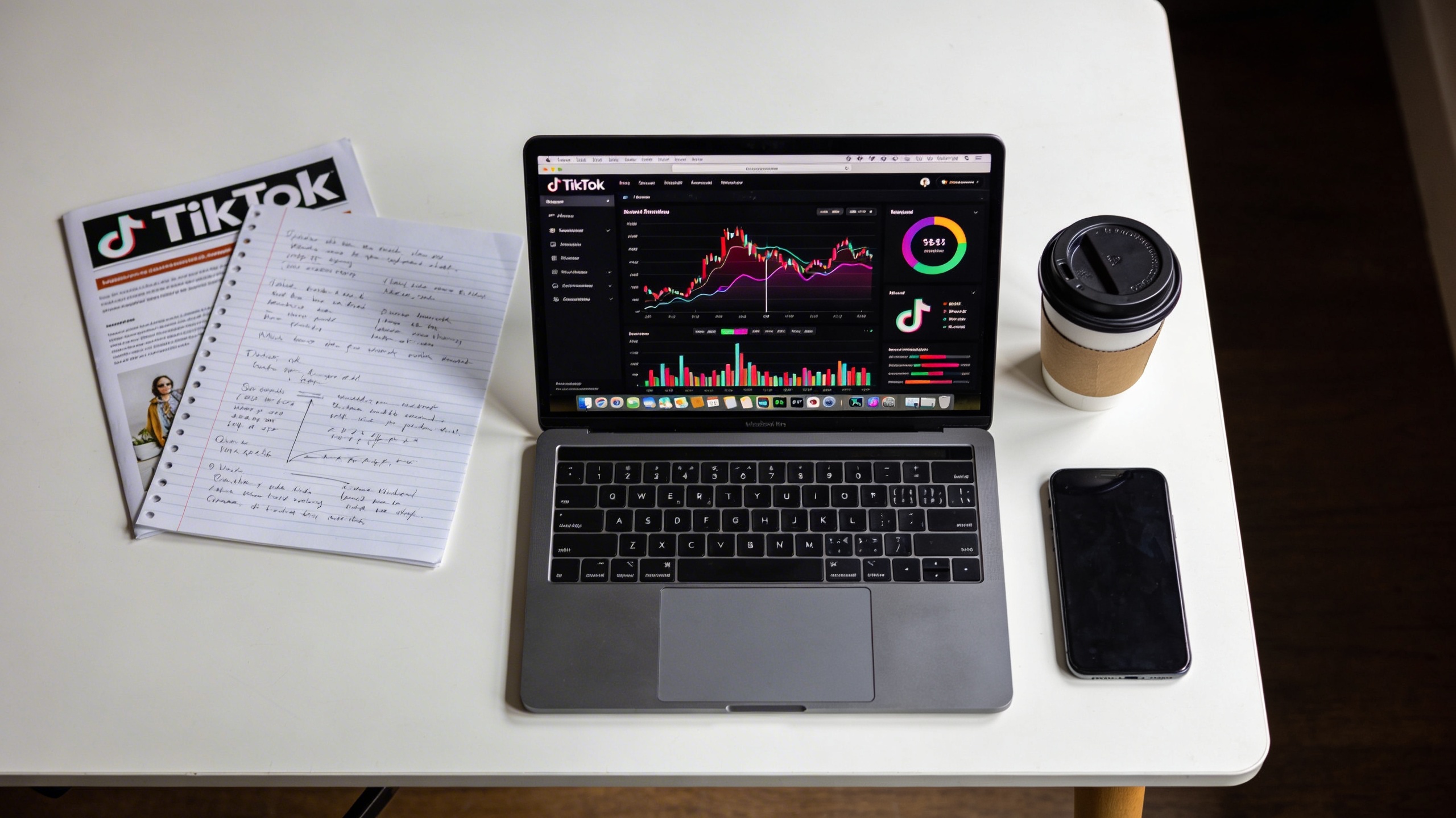 Vue de dessus d'une table de travail avec un ordinateur portable affichant des graphiques d'analyse de données TikTok (vues, engagement, etc.). À côté, des notes manuscrites, un café et un smartphone. L'ambiance est studieuse et axée sur la stratégie marketing, style photo éditorial magazine, lumière du jour filtrée.