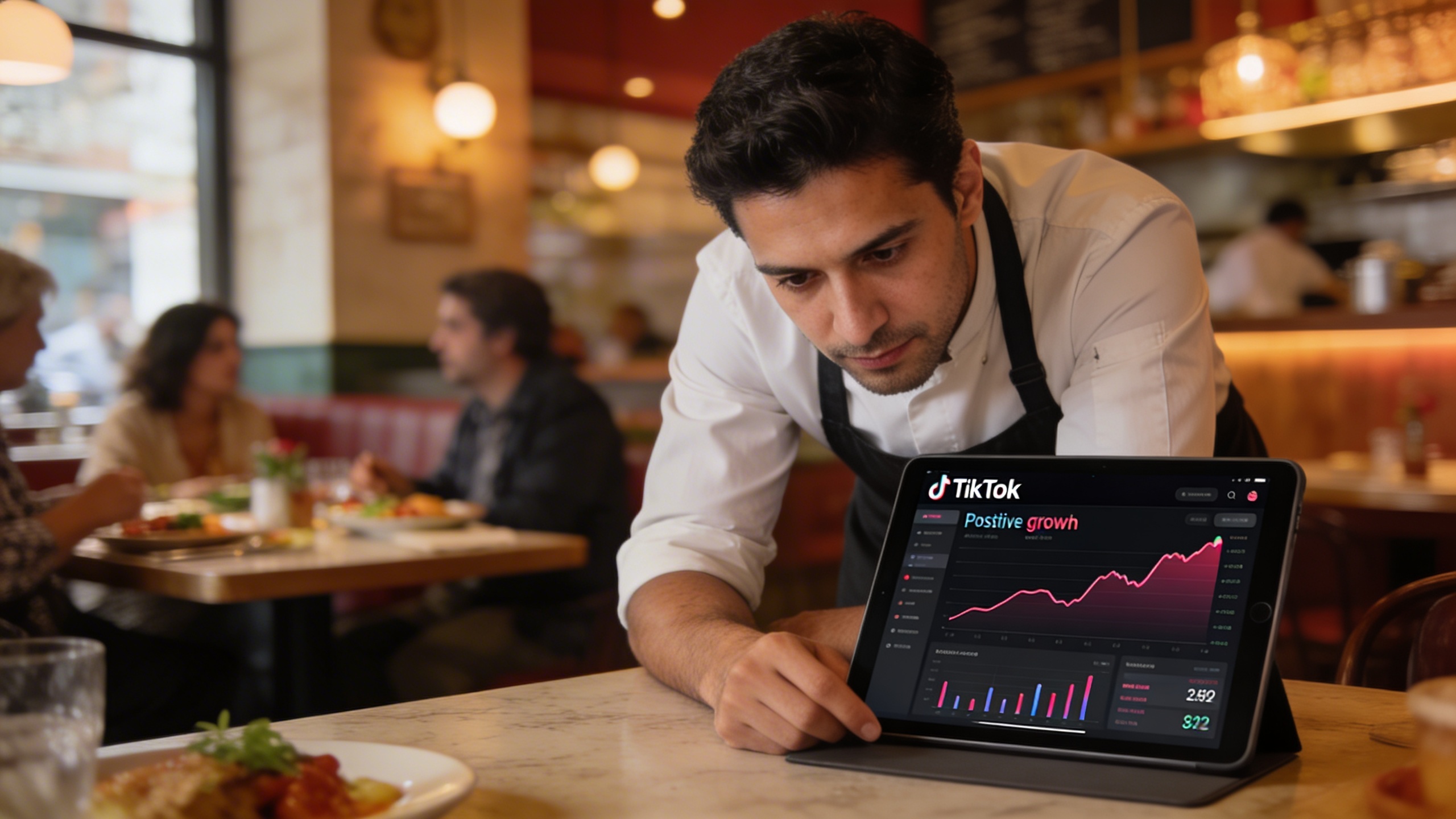 Un restaurateur concentré, penché sur une tablette affichant un tableau de bord analytique TikTok avec des courbes de croissance positives. En arrière-plan flou, l'ambiance chaleureuse de son restaurant avec des clients appréciant leur repas. La lumière est douce et met en valeur la détermination du restaurateur.