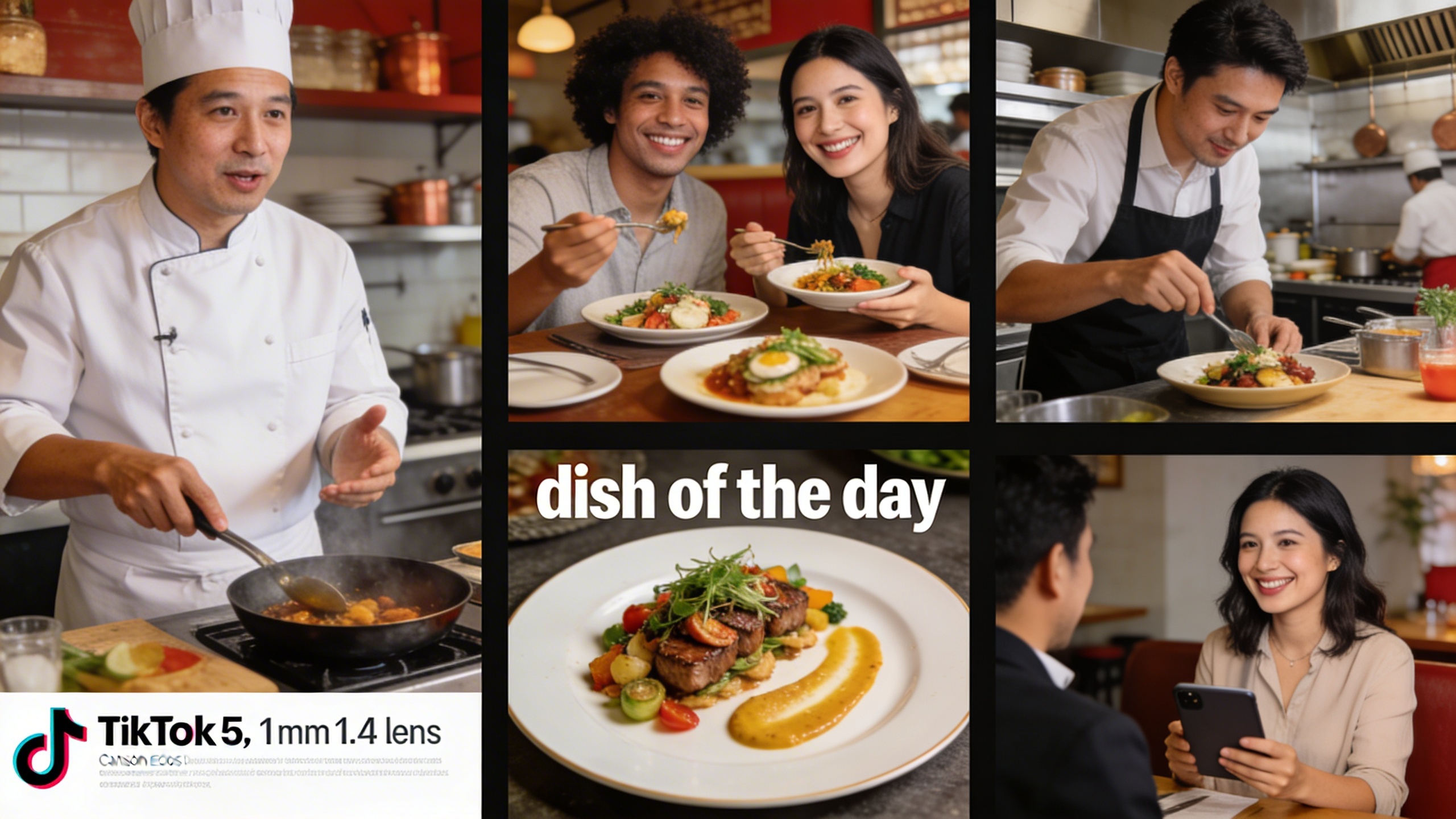 Une mosaïque de courtes vidéos TikTok, chacune représentant un pilier de contenu différent pour un restaurant : un chef expliquant une technique (éducatif), des clients souriants dégustant un plat (inspirant), une scène humoristique en cuisine (divertissant), un plat du jour mis en avant (promotionnel), et une interview rapide d'un client satisfait (expérience authentique). Le style est dynamique et coloré.