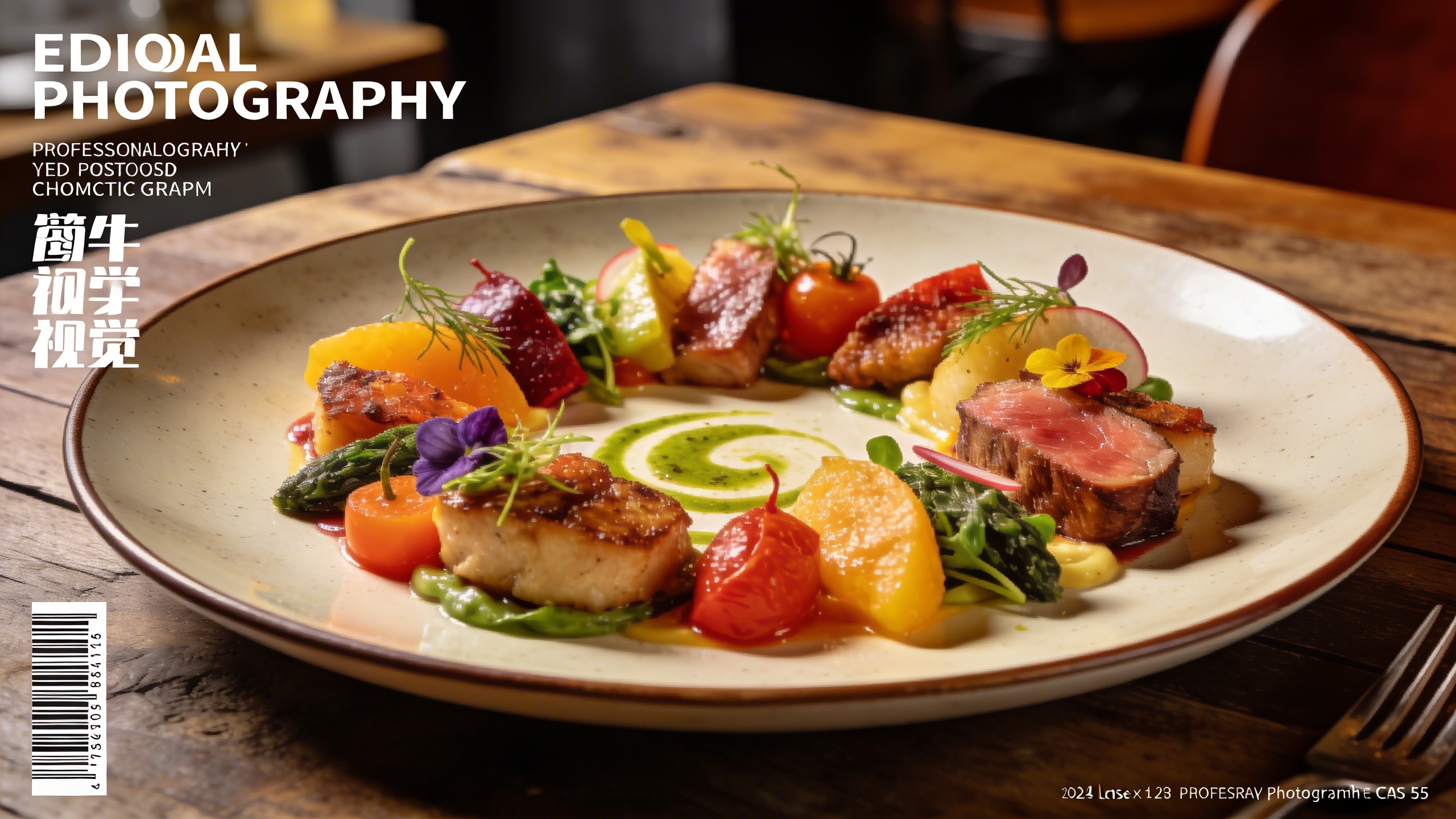 Un gros plan artistique et très détaillé d'un plat gastronomique coloré et magnifiquement dressé sur une table en bois rustique dans un restaurant chaleureux. La lumière naturelle accentue les textures et les couleurs des aliments, créant une image appétissante et haut de gamme dans un style photo éditorial magazine.