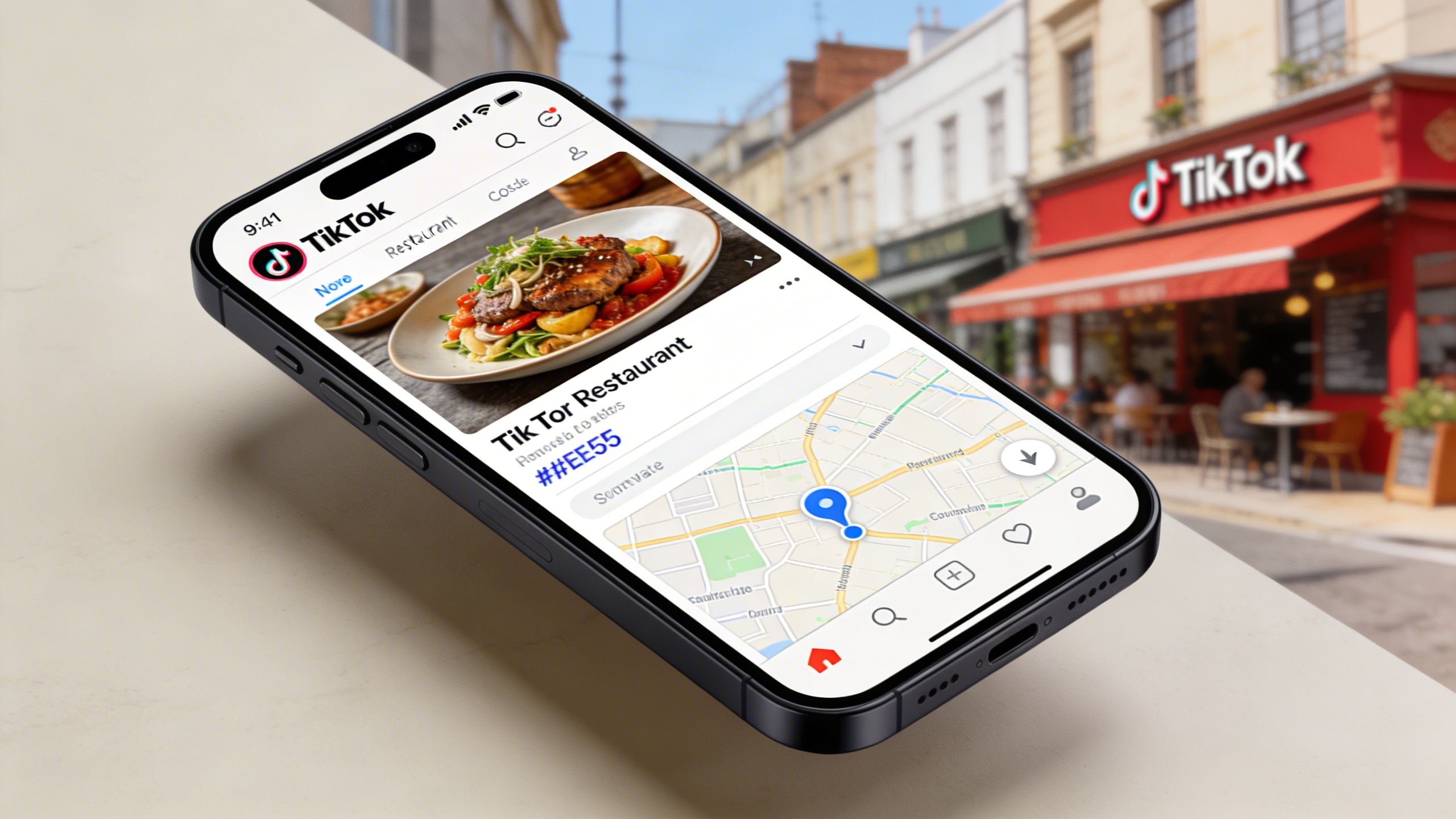 Un smartphone affichant l'interface TikTok d'un restaurant, avec une section de bio optimisée incluant des mots-clés locaux comme 'Restaurant Italien Paris 10ème'. Des hashtags pertinents sont visibles sous une vidéo de plat, et la carte indique une localisation précise. L'écran est lumineux et clair, dans un style réaliste et éditorial.