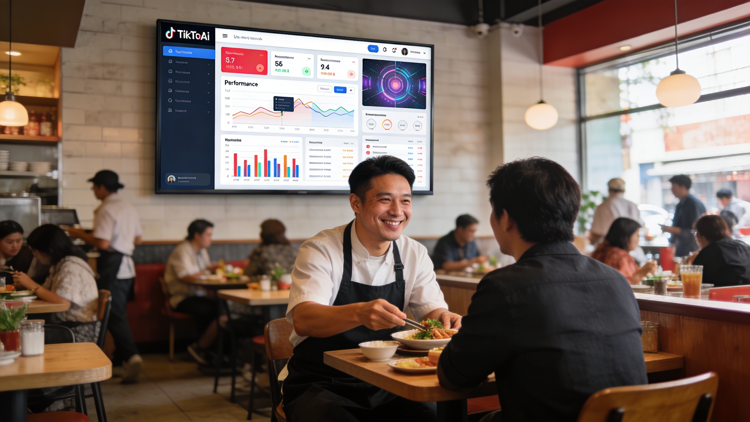 Un restaurateur souriant et détendu, servant un client dans son restaurant animé. En arrière-plan, un grand écran tactile mural affiche l'interface utilisateur intuitive de KeiroAI, montrant des analyses de performance TikTok et des visuels générés par IA. L'ambiance est moderne et efficace, avec une lumière naturelle et une composition dynamique.