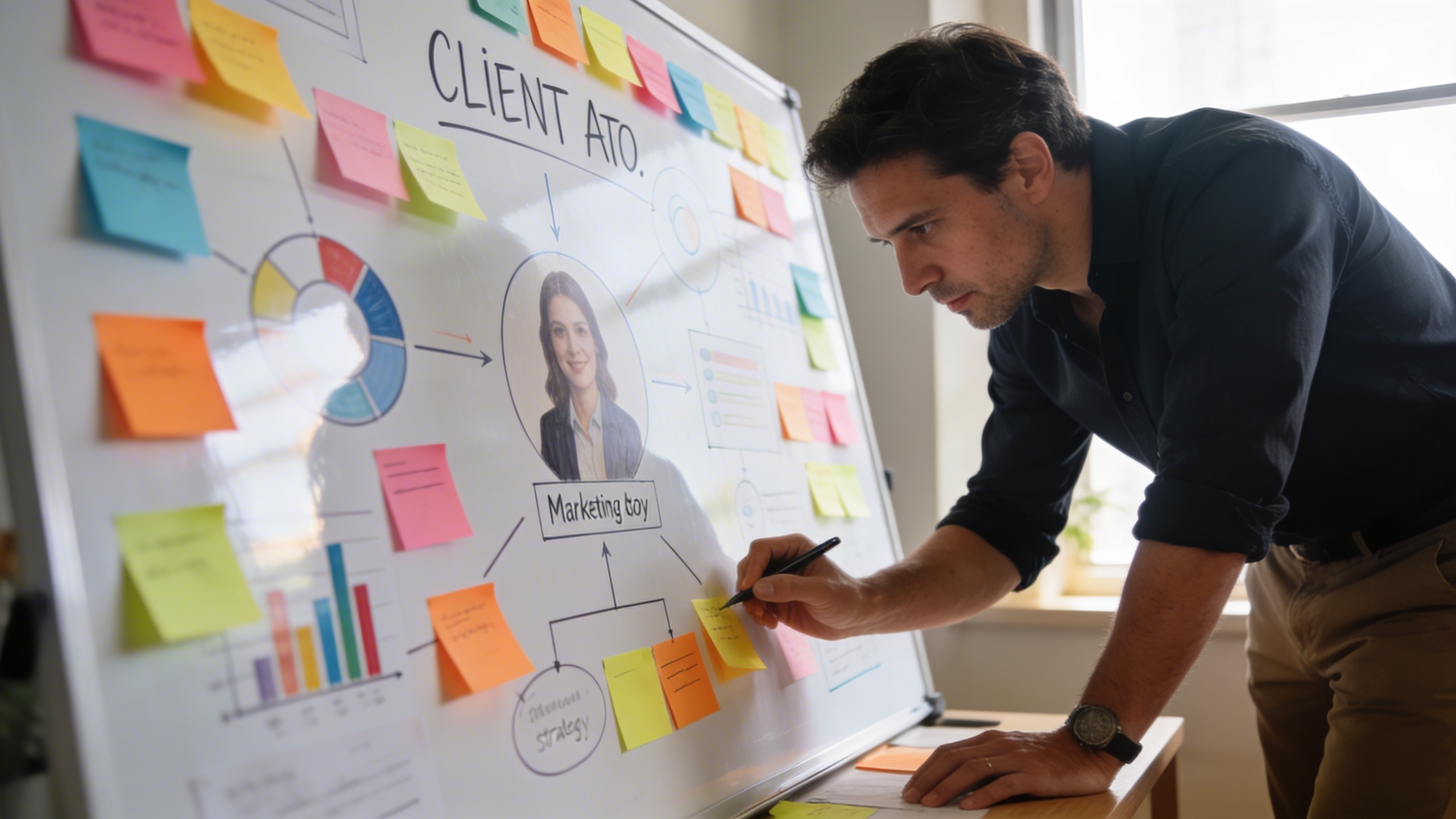 Coach en pleine séance de brainstorming avec un tableau blanc rempli d'idées, de schémas et de post-it pour définir une stratégie marketing ciblée et un avatar client précis, ambiance créative et professionnelle, lumière douce, composition dynamique