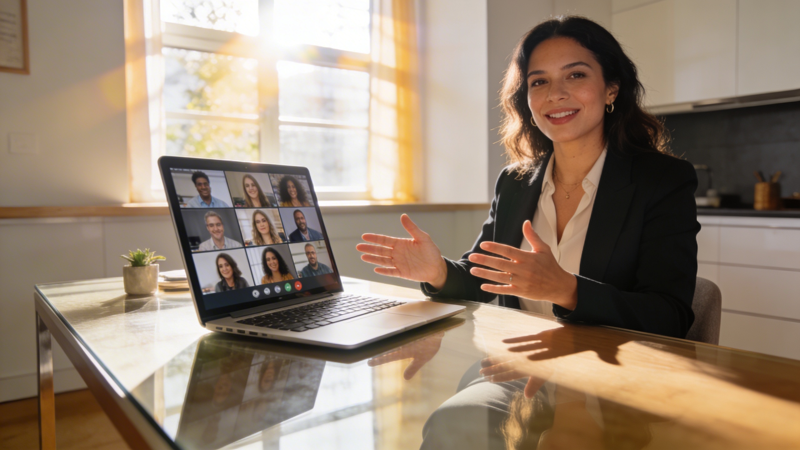 Coach femme confiante et inspirante présentant une session de groupe en ligne à un public engagé, l'écran de l'ordinateur affichant une interface de visioconférence avec plusieurs participants, lumière douce du soleil à travers une fenêtre, style photo éditorial magazine, composition grand angle