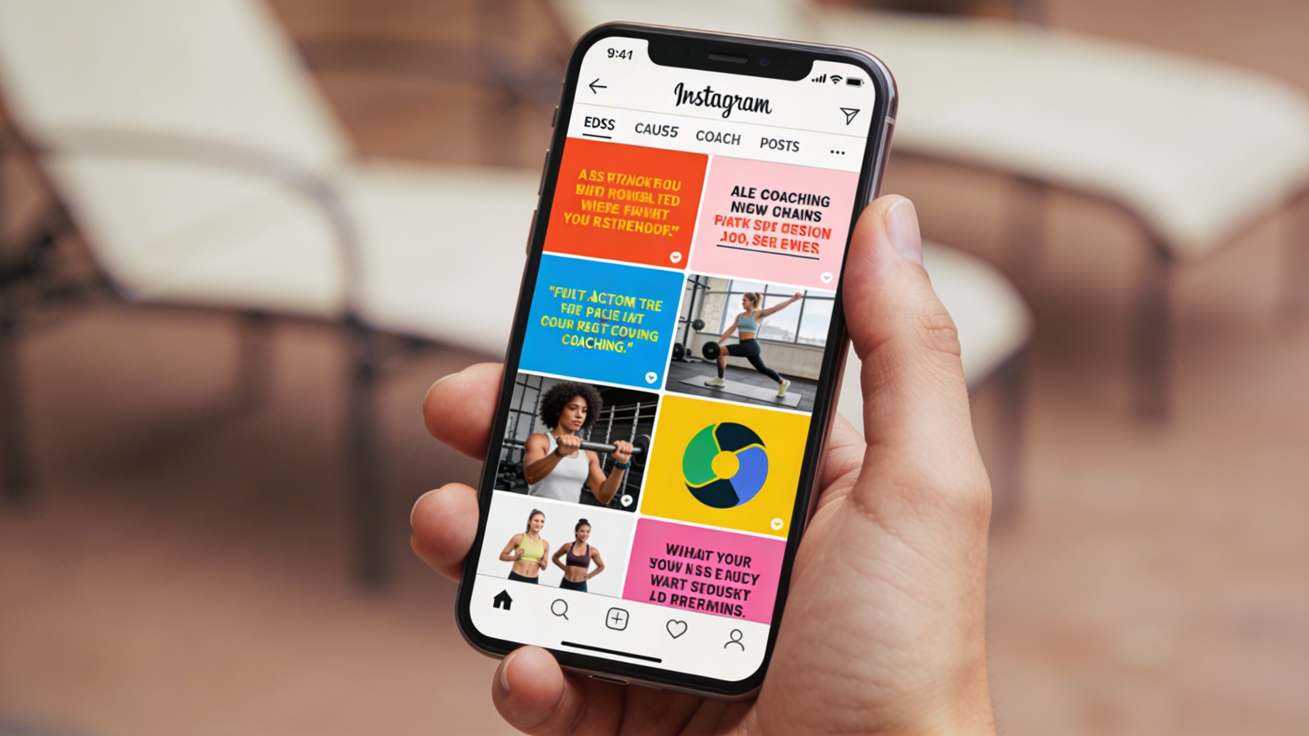 Gros plan sur un smartphone affichant un fil d'actualité Instagram avec des posts de coaching visuellement attrayants et professionnels, illustrant l'importance des visuels de qualité pour capter l'attention et générer de l'engagement, style photo éditorial magazine, couleurs vives et claires