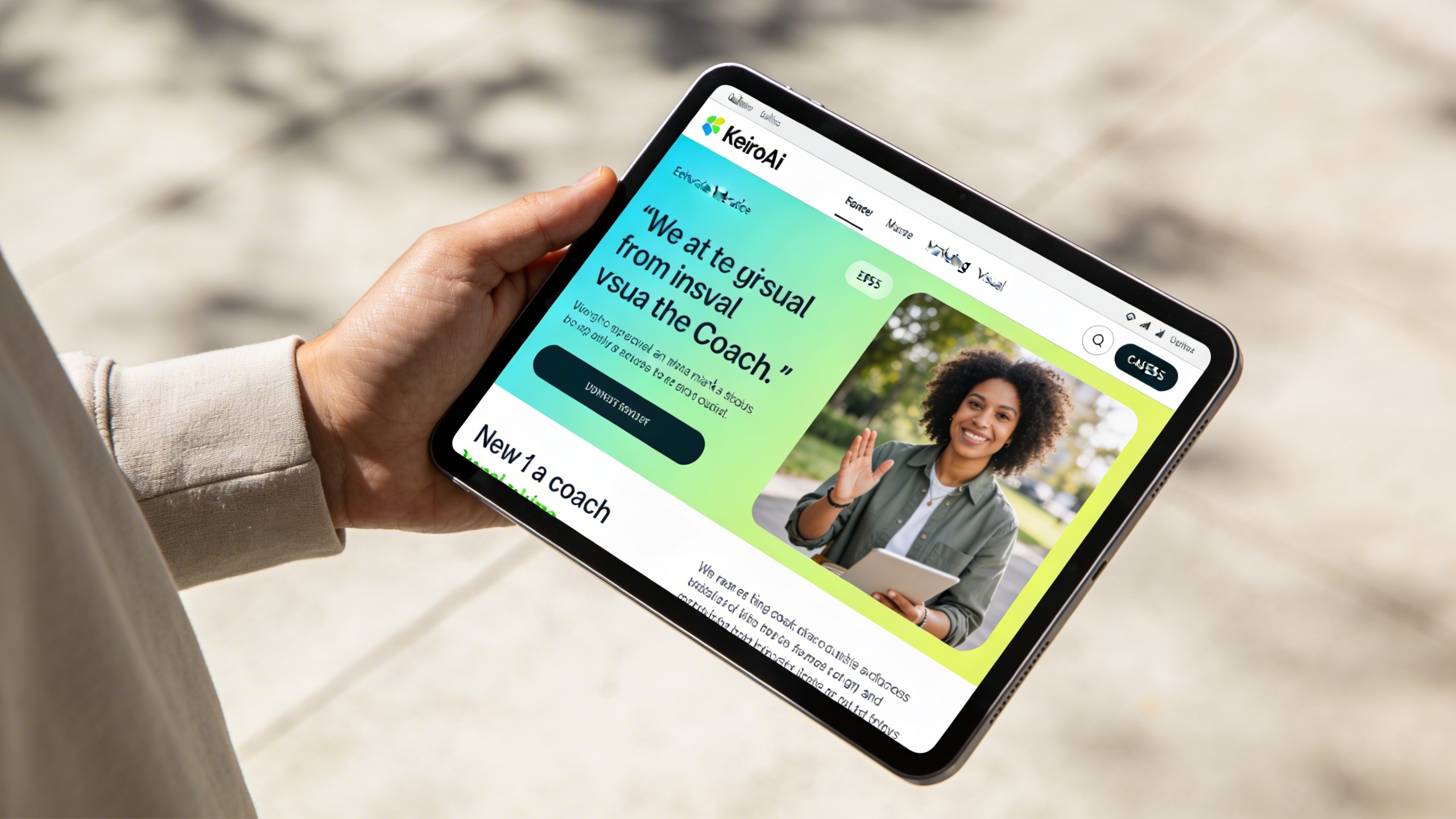 Vue détaillée d'une main utilisant une tablette pour créer des visuels marketing percutants avec une interface utilisateur intuitive de KeiroAI, montrant la simplicité et l'efficacité de l'outil pour les entrepreneurs et coaches, lumière du jour, style photo éditorial magazine, composition claire et moderne